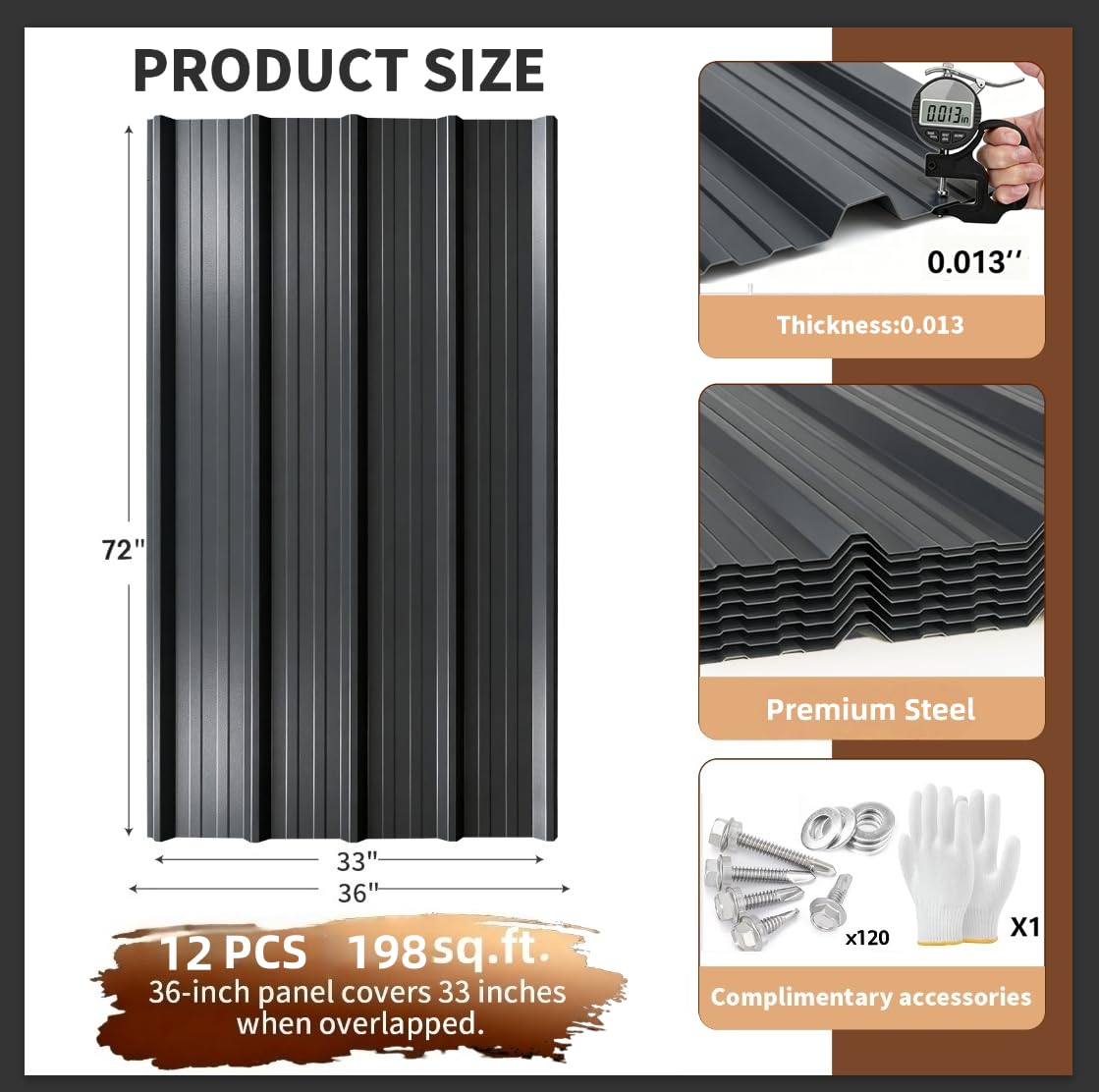 Extra-Wide Coverage Metal Roof Panels (72"x33"), Corrugated Galvanized Steel with Screws, Waterproof for Warehouse, Industrial Shed, Garage, Patio Roofing, 12 Pcs Gray