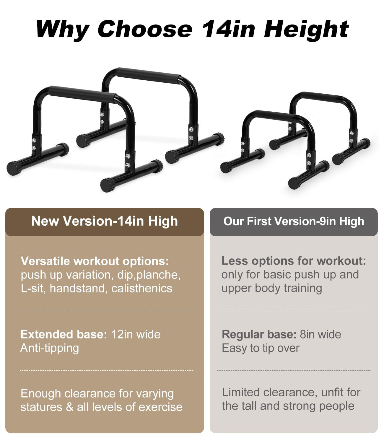TABEKE Push Up Bar, 14'' High Steel Parallettes & Dip Bar with Full Coverage Foam Handle, Heavy-Duty Calisthenics Parallel Bars for L-Sit, Dips, Home Gym Strength Training Workout