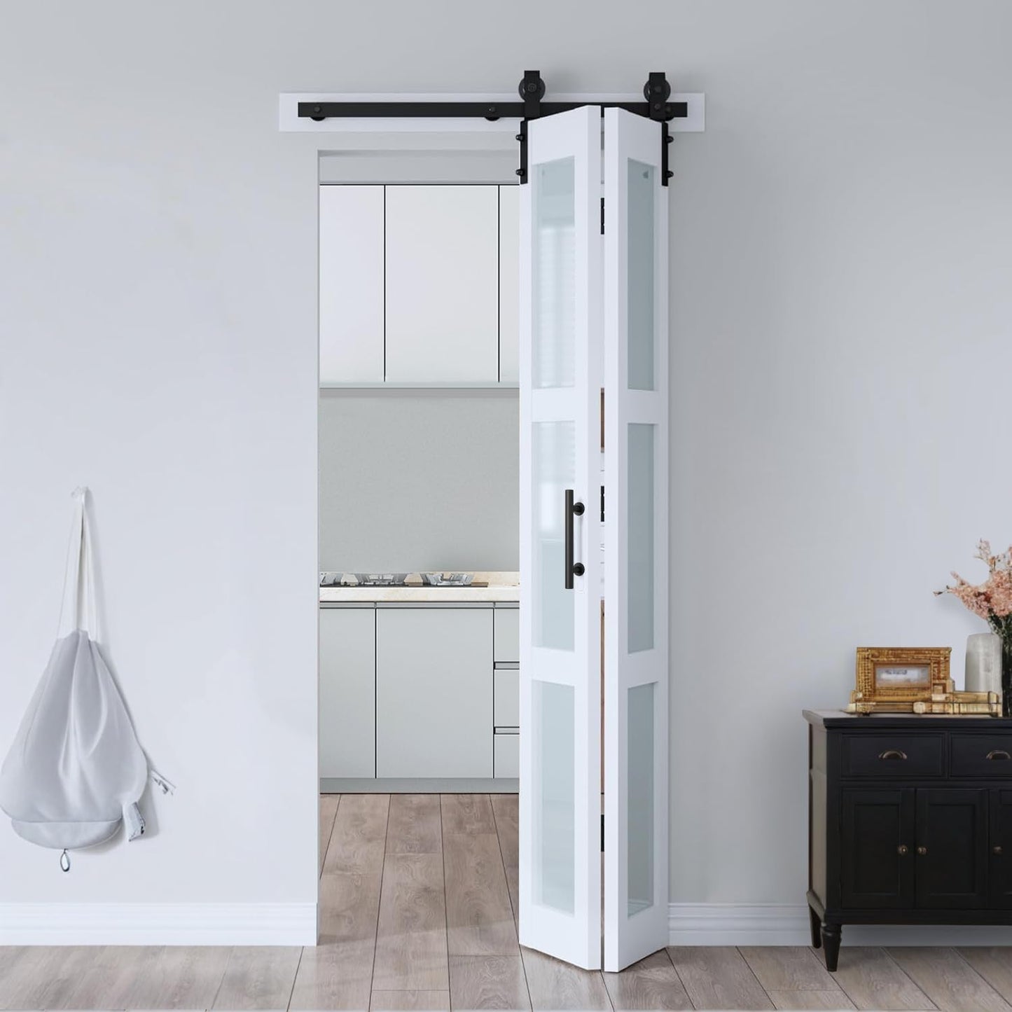 S&Z TOPHAND 24x84 Double Bi-Fold Glass Barn Door, Complete Door, No Assembly Required, Waterproof & Scratch-Resistant, Country Style, Homeowner, Everyday Use, Bedroom, Closet, Dining Room, Pantry