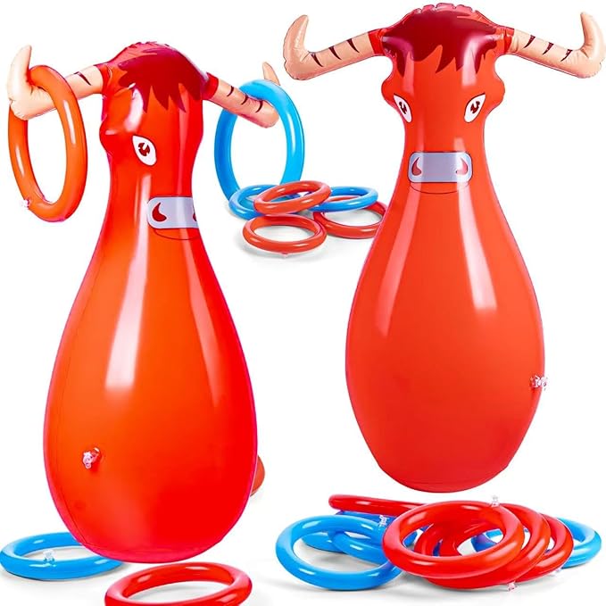 Inflatable Bull Toss Ring Game Set Include 2 Inflatable Bull 12 Rings for Summer Outdoor Beach Pool Cowboy Fiesta Rodeo Party