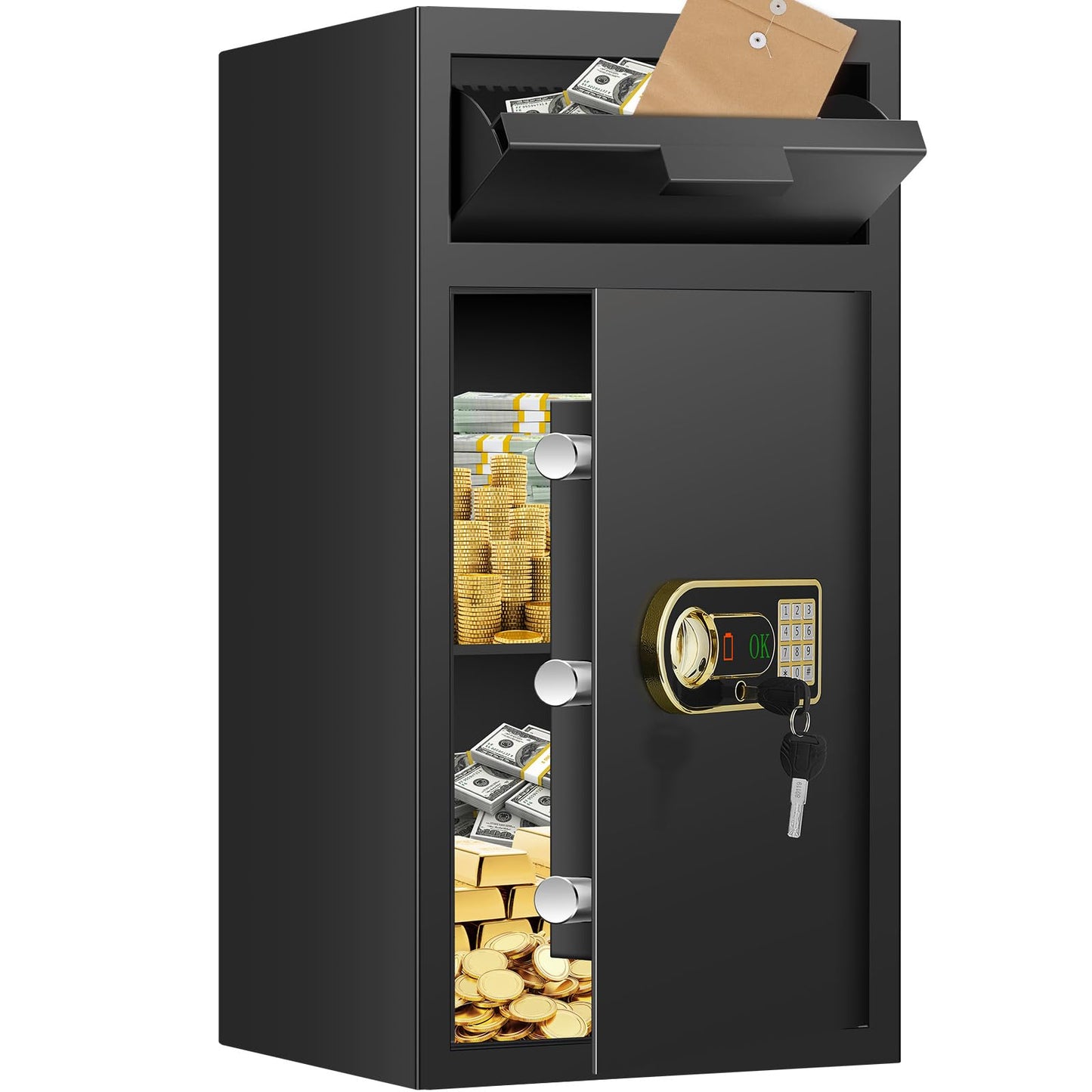 31.5"H Large Drop Safe Box for Business, Anti-Theft Depository Safe with Drop Slot, Digital Keypad, Spare Key and Removable Shelf, Heavy-duty Commercial Safes for Business Cash Documents Home