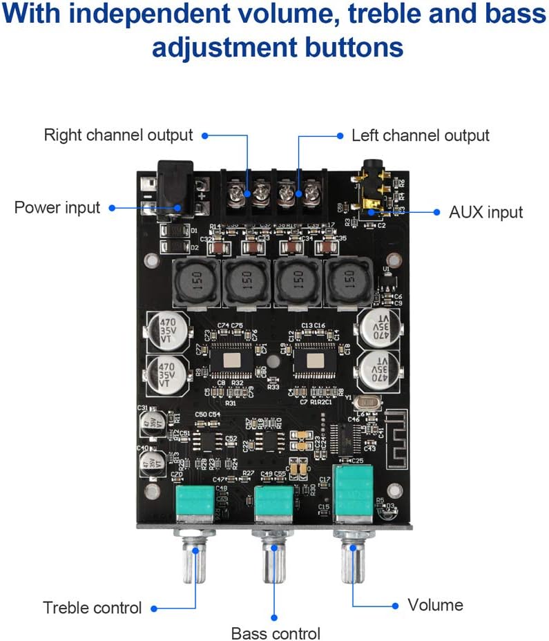 ZK-1002T 2.0CH 100W*2 9-24V Bluetooth Amplifier Board Mini Audio AMP with Treble and Bass Control, BT and AUX Inputs