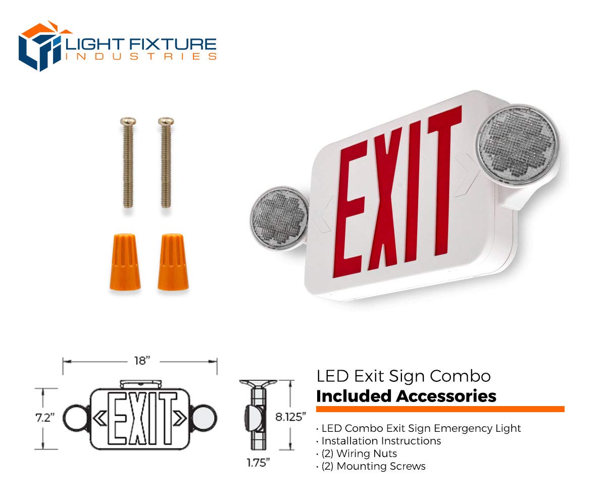LFI Lights® Compact COMBO, UL 924 Listed Exit Sign with Emergency Lights, Red LED, White, 120/277VAC Hardwired with Battery Backup, Optional Double Face and Knock Out Arrows COMBOJR2RWBB 2 Pack