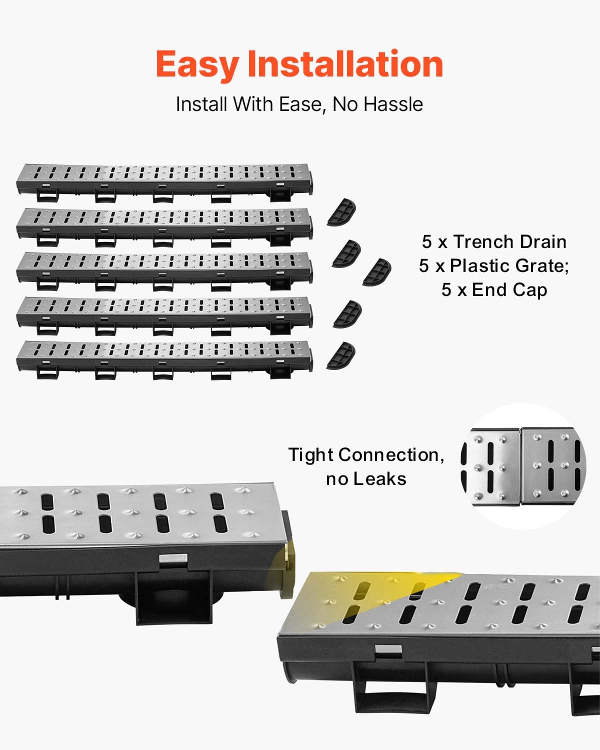 VEVOR Trench Drain System 5 Pack, Channel Drain with Metal Grate 5.7 x 3.1 in HDPE Drainage Trench, Black Plastic Garage Floor Waterway 5 x 39 in with 5 End Caps for Garden Driveway