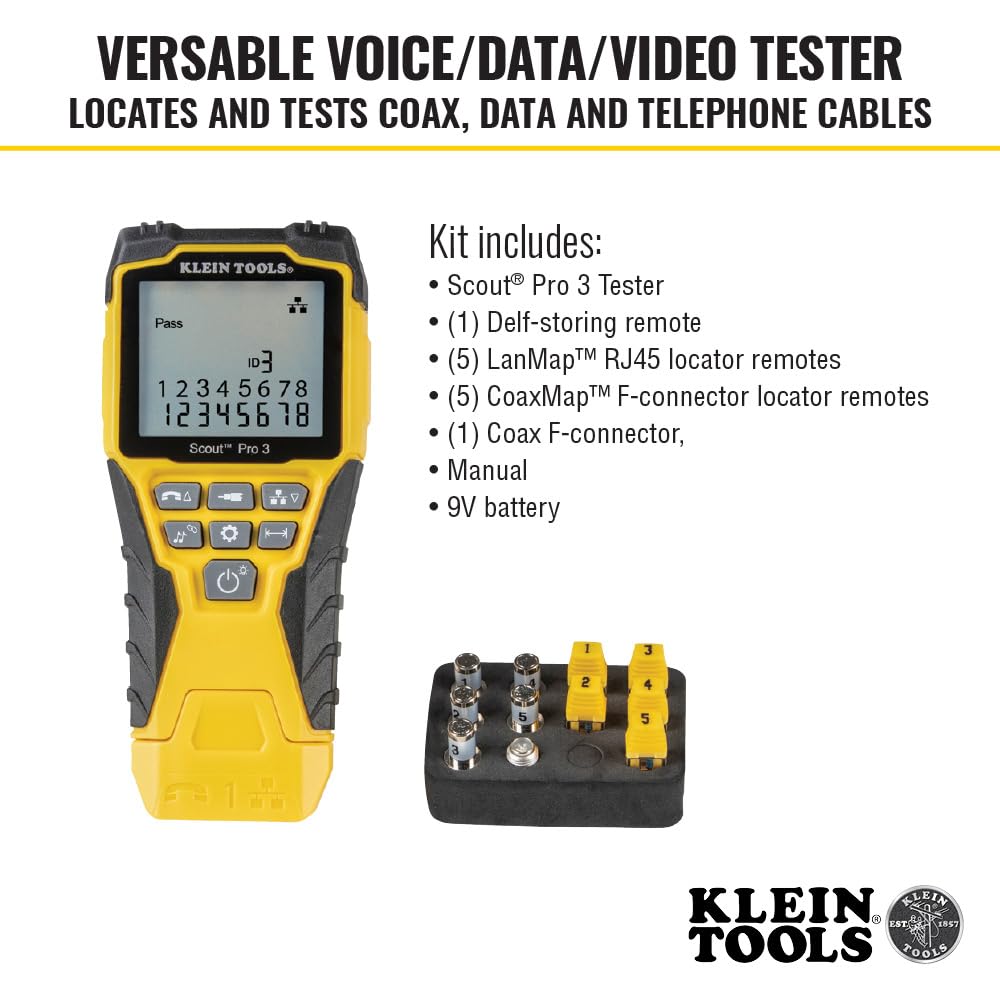 Klein Tools VDV501-851 Cable Tester Kit with Scout Pro 3 for Ethernet / Data, Coax / Video and Phone Cables, 5 Locator Remotes