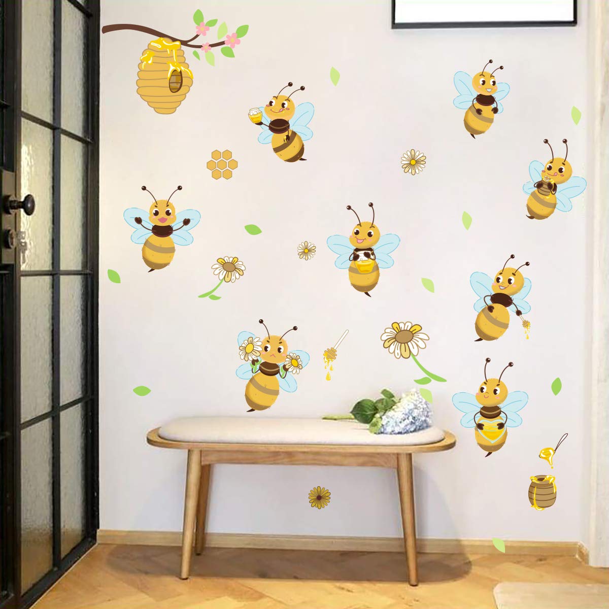 ufengke Yellow Bee Wall Stickers Flower Beehive Branch Wall Decals Art Decor for Kids Bedroom Nursery Playroom