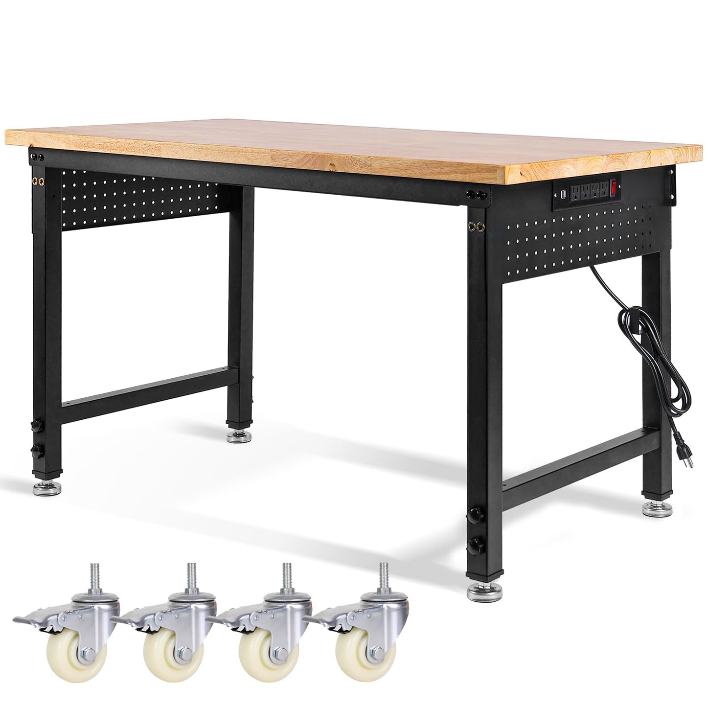 MUWOOD 48" L×24”W Adjustable Workbench with Wheels, 28”-40”Height Heavy Duty Table 2000 LBS Load Capacity, Work Bench with Power Outlet & Pegboard, Rubber Wood Work Table for Garage, Office, Workshop