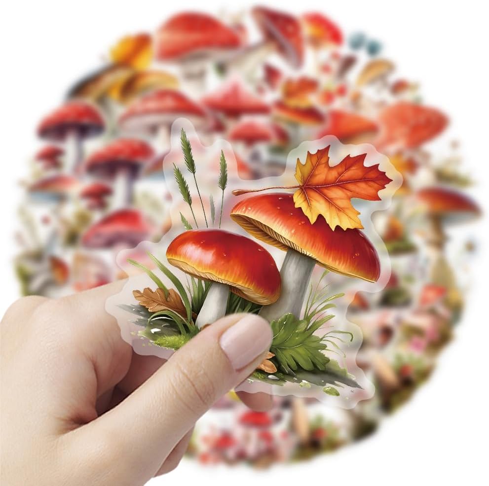 Mekycro Pack 50 Set Mushroom Stickers PCS, Botanical Aesthetic PET Waterproof Die-Cut Forest Mushroom Sticker for Water