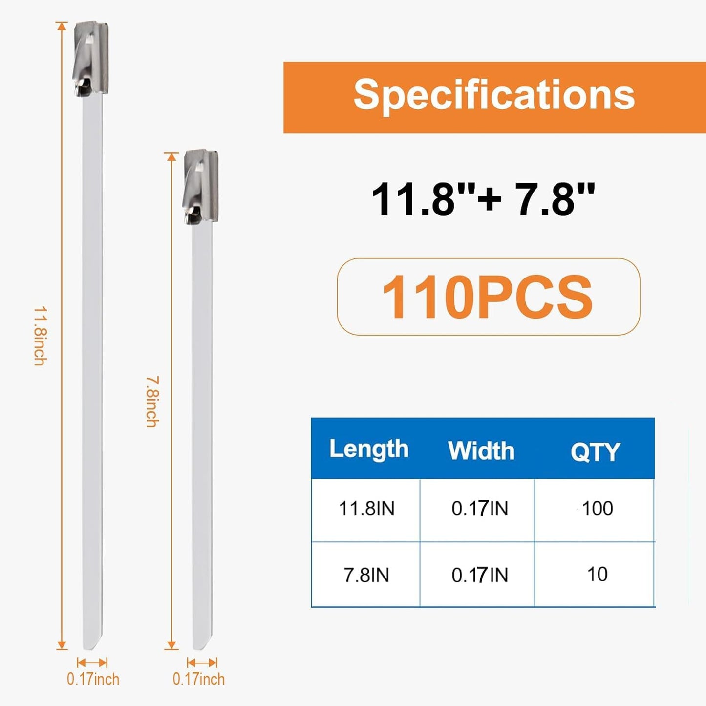 KiyHemo 110PCS 11.8IN +7.8IN 2026 Metal Zip Ties, Stainless Steel Zip Ties Heavy Duty for Outdoor, Heat Resistant Cable