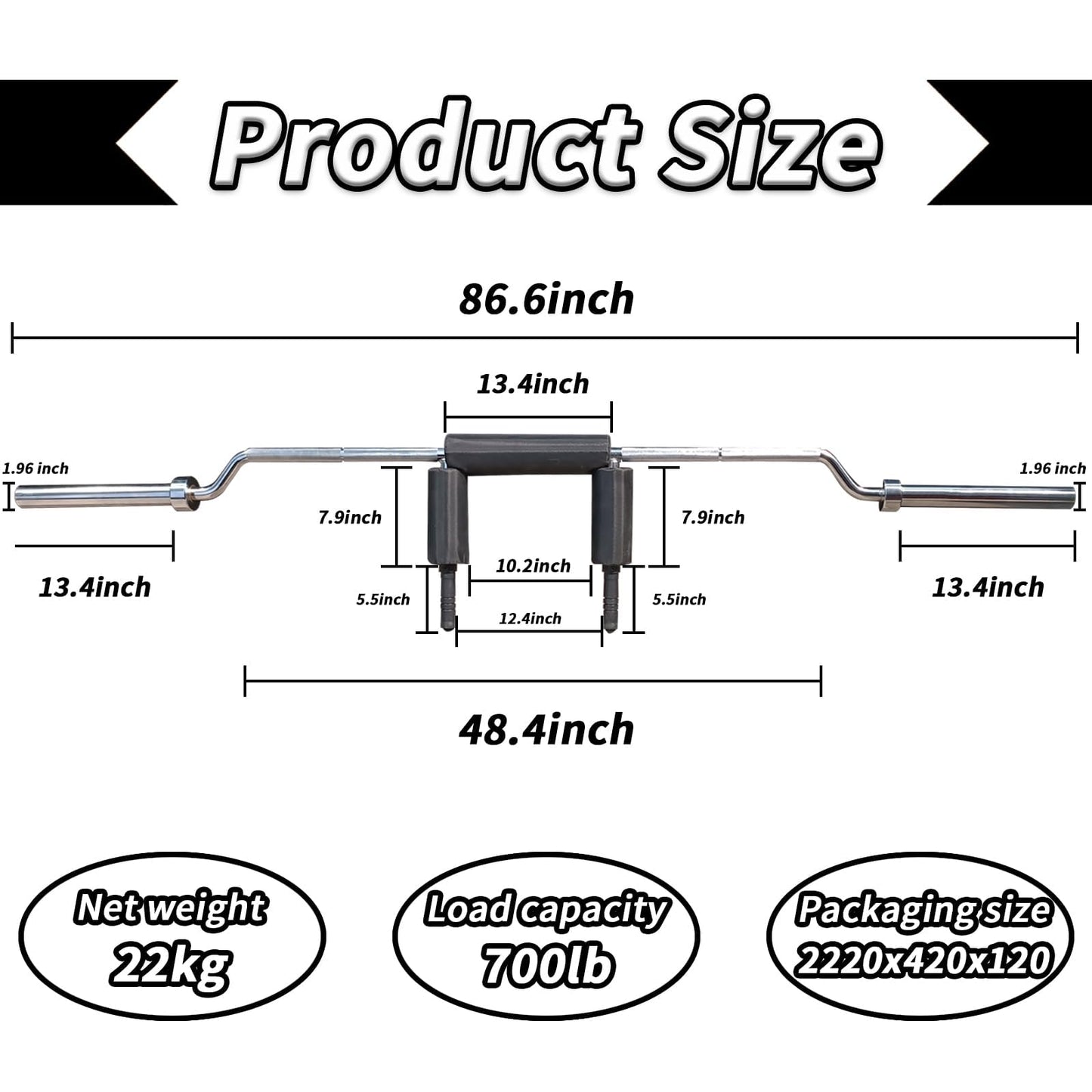 700LB Safety Squat Bar, 2" Barbell with Shoulder & Neck Pad, Removable Handles & 2 Clips, Heavy-Duty Steel, Strength Training Barbell for Gym, Powerlifting & Squats