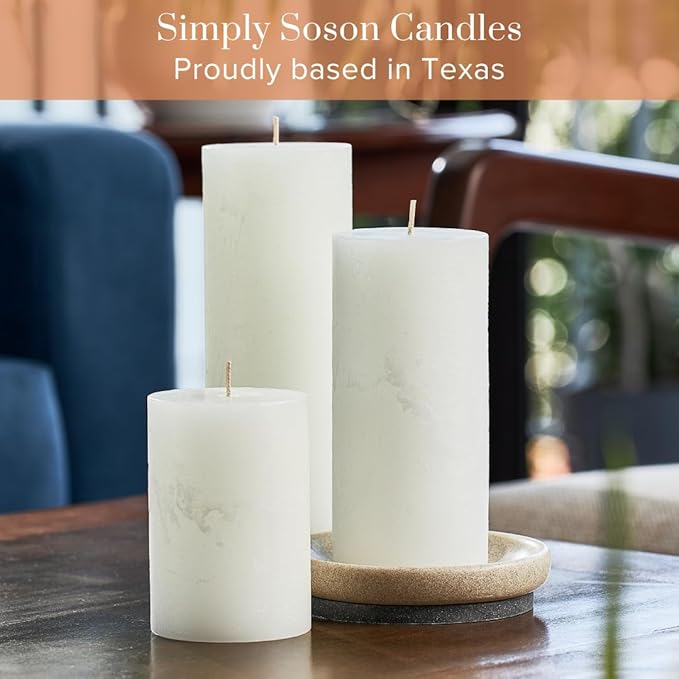 Simply Soson 3x4, 3x6, 3x8 inch White Pillar Candles, Set of 3 Pillar Candles, Rustic Texture, Unscented White Candles, Dripless Candles, Ideal as Wedding, Parties, Spa, Dinner, Home Decor, Church