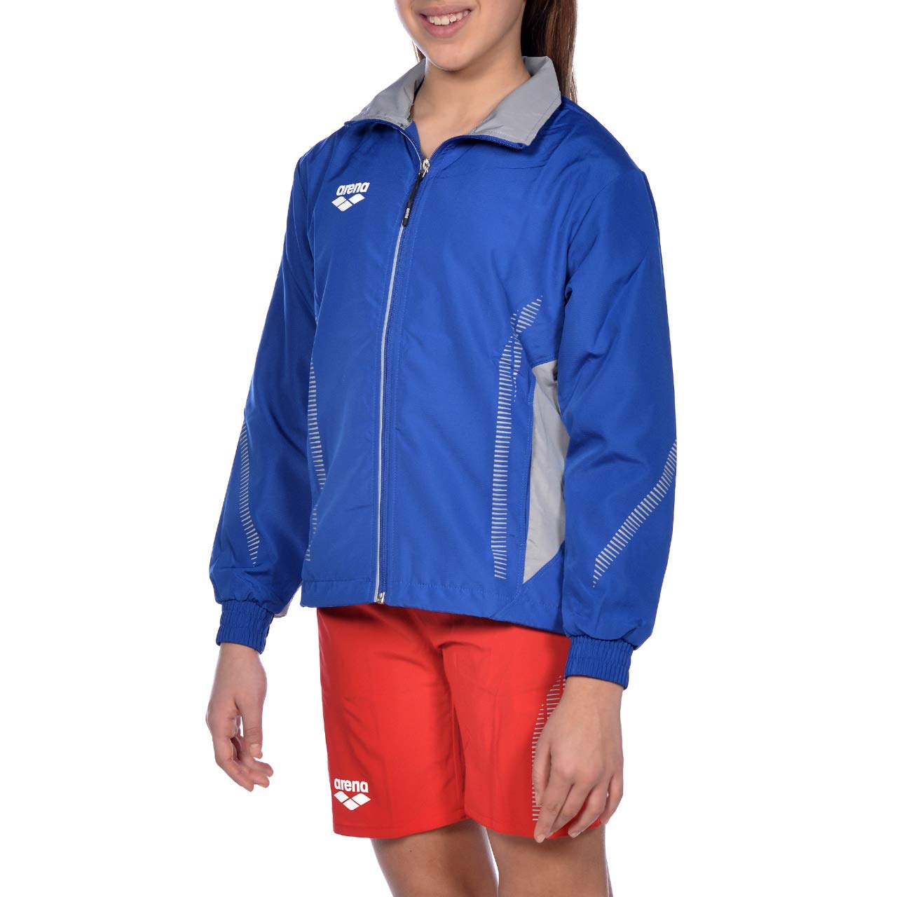 ARENA Kids Team Line Youth Warm Up Full Zip Jacket Lightweight Athletic Training Competitive Recreational Side Pockets Breathable Track Swimming Sports, Royal Blue/Gray, Size X-Large