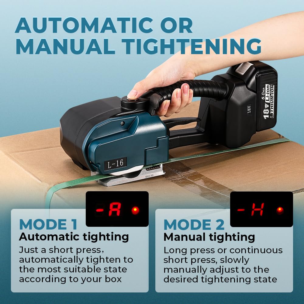 Flyrivergo 5000mAh Electric Strapping Machine - 2×Rechargeable Batteries with Display Screen, Industrial Automatic Banding Tool for 0.35-0.63'' Width Straps, Easy to Use for Warehouse Packaging