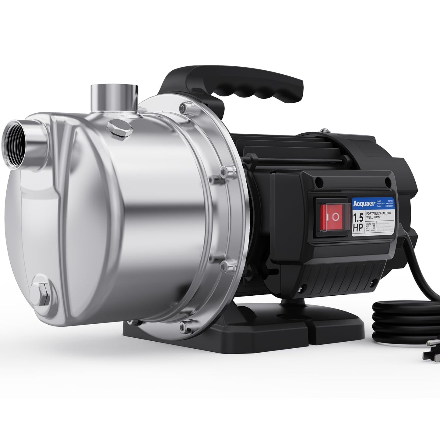 Acquaer 115V Shallow Well Garden Pump, Stainless Steel, Sprinkler Water Transfer Draining Irrigation Pump 1210 GPH, for Water Removal Lawn Garden,1.5 HP Portable