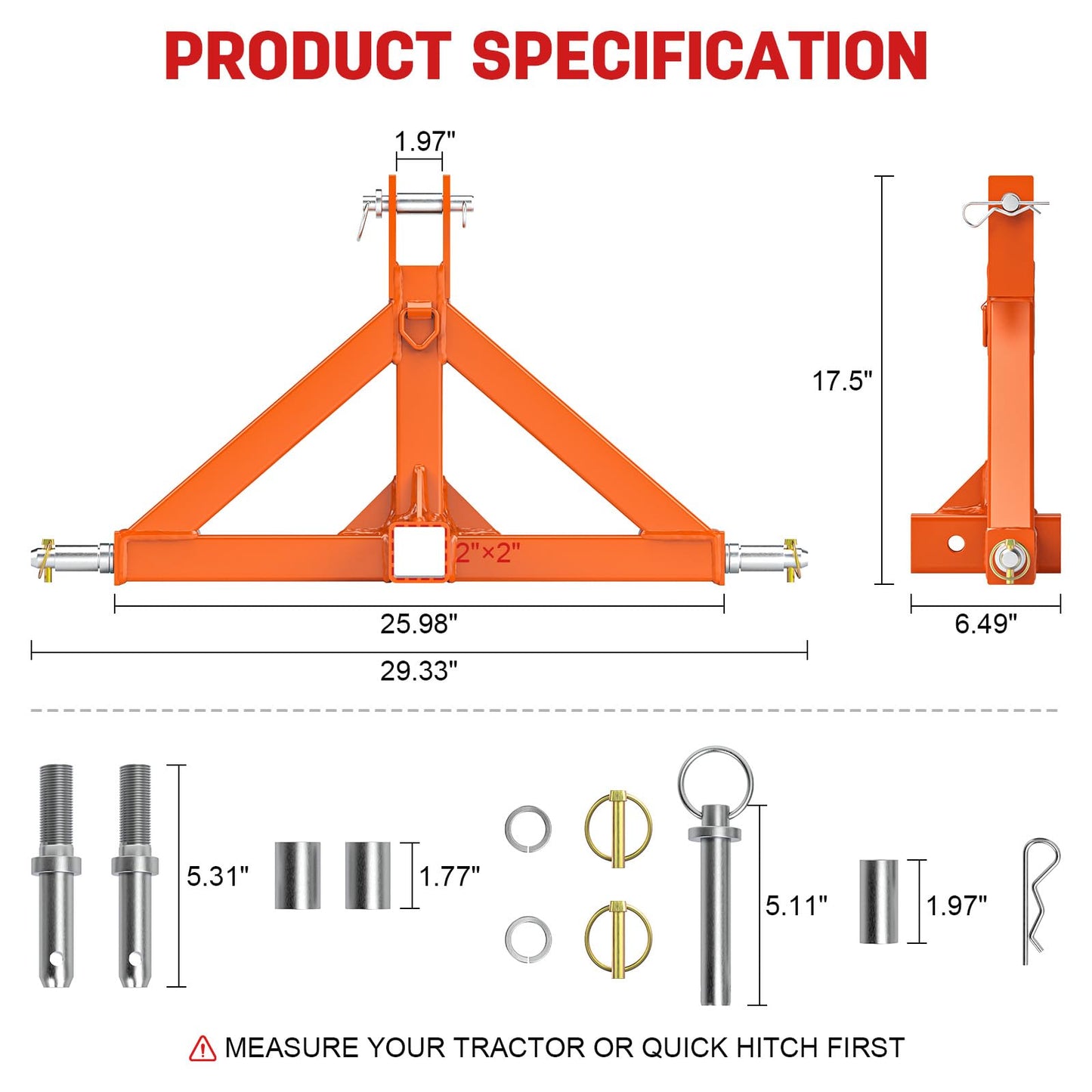 3 Point Trailer Hitch with 2" Receiver Quick Hitch Compatible with Category 1 Tractors, Heavy Duty 3pt Towing Hitch Tractor Drawbar Hitch Adapter for BX, Kubota, John Deere, NorTrac, Kioti(Orange)