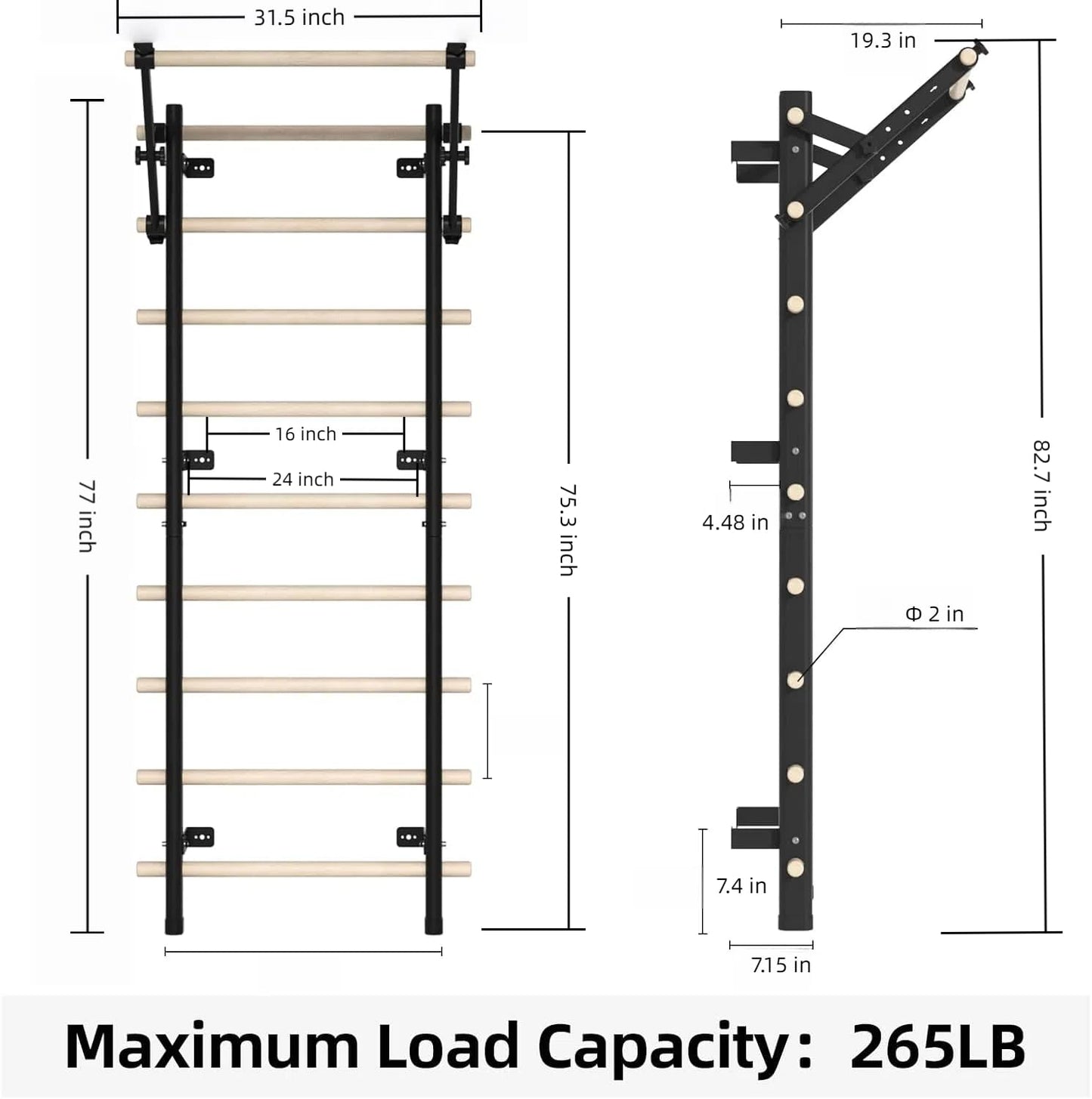 Swedish Ladder, Wood Stall Bar with Suspension Trainer Straps, Pull-Up Dip Bar Attachment, Strategic Rods, for Home, School, hysical Therapy and Gymnastics, Upgrade Installation