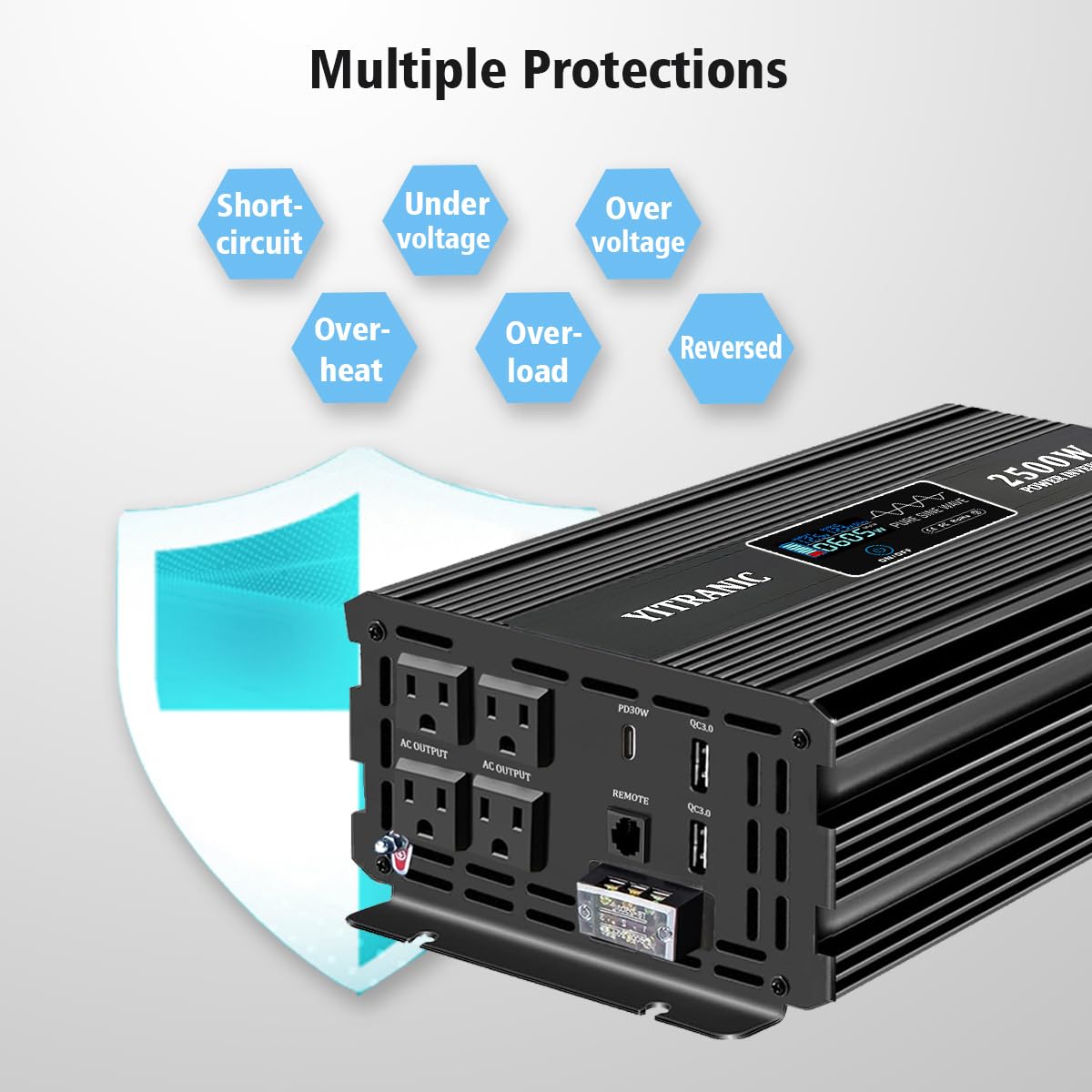 YITRANIC 2500W Pure Sine Wave Inverter 12V DC to 120V AC Upgraded 2000 watt Inverter, with164ft Wireless LCD Remote, USB/Type-C Fast Charging, Hardwire Port for RV, Home Emergency, Off-Grid Solar