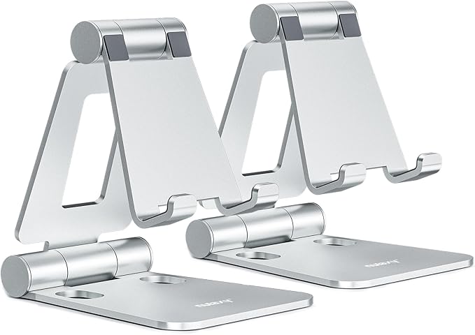 Nulaxy 2 Pack Dual Folding Cell Phone Stand, Fully Adjustable Foldable Desktop Phone Holder Cradle Dock Compatible with iPhone 17 16 15 14 13 12 Pro Max Xs Xr, All Phones, Silver