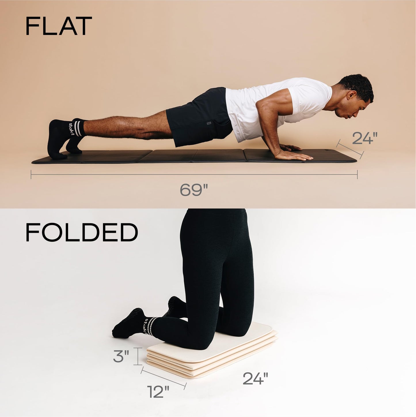 Stakt Foldable Yoga Mat Pro, 2 in 1 with Premium Textured Grip, Non Slip, Folding Exercise and Fitness Mat for Pilates, Strength Training, and High Impact Workouts - Dune