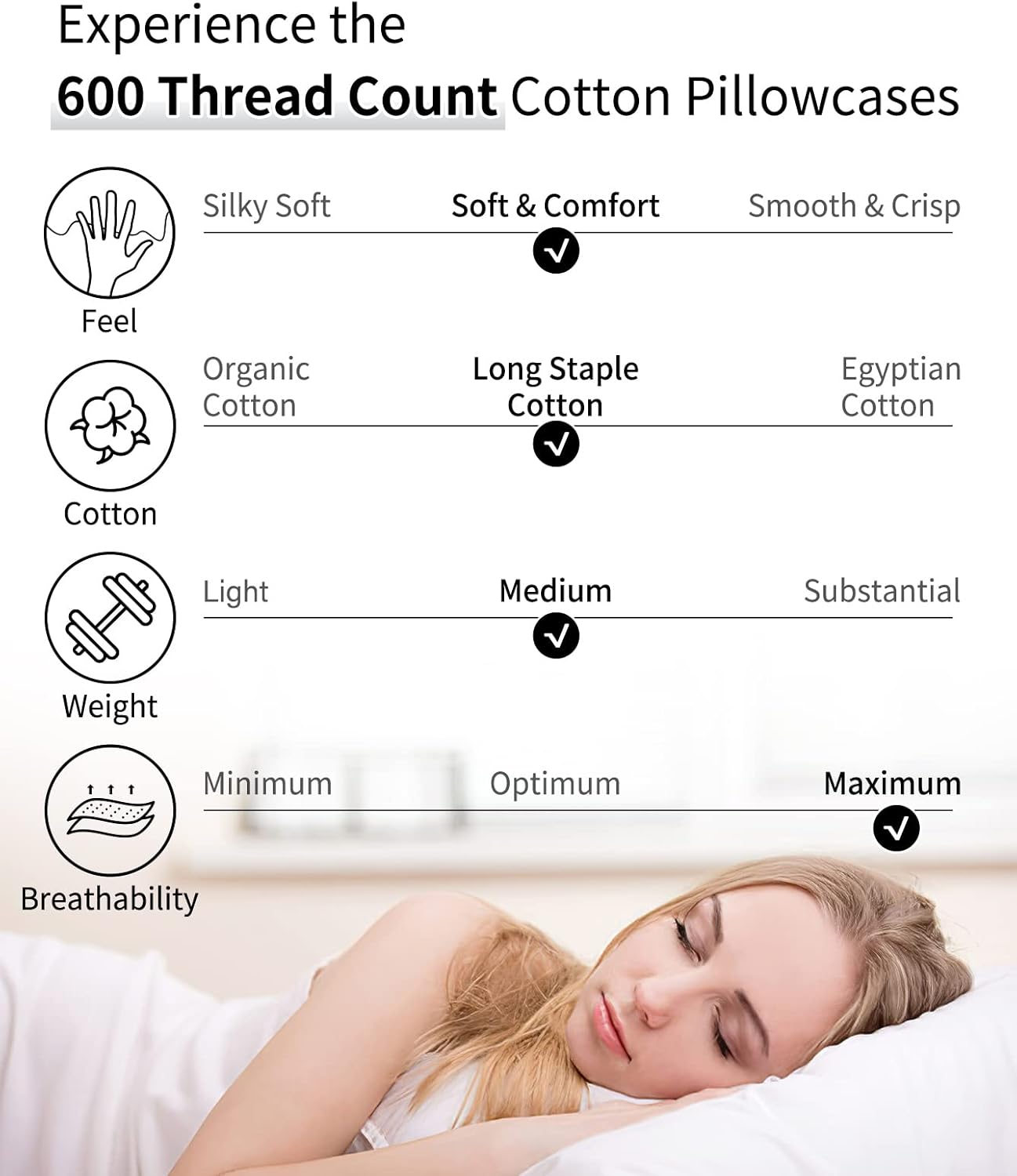 Warmstar King Size Cotton Pillow Cases - Set of 2, 600 Thread Count, Soft & Breathable, White 20x36 Inches