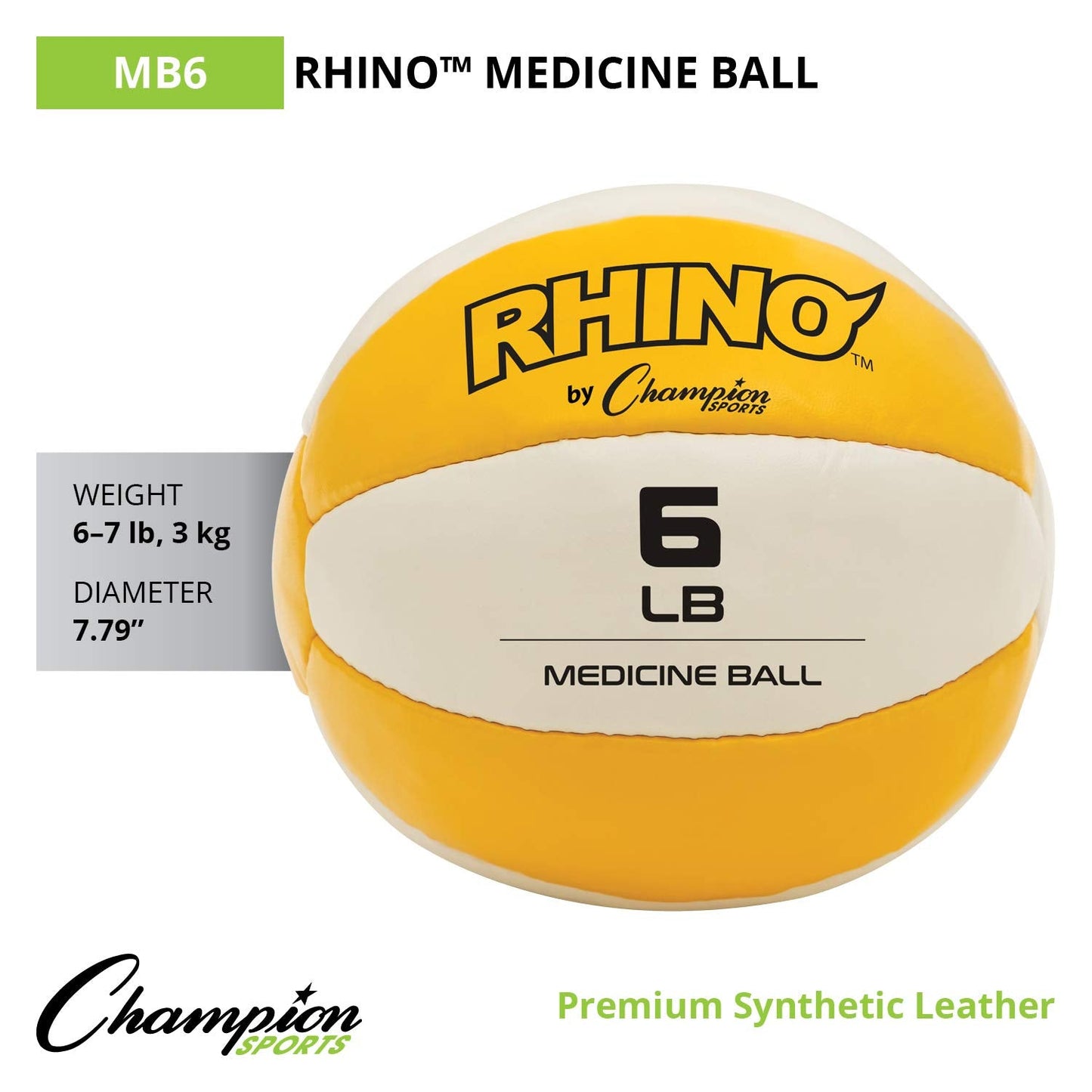 Champion Sports Exercise Medicine Ball, 6-7 lbs, Leather with No-Slip Grip, Weighted Med Ball for Weight Training, Stability, Plyometrics, Cross Training, Core Strength, Heavy Workout Ball