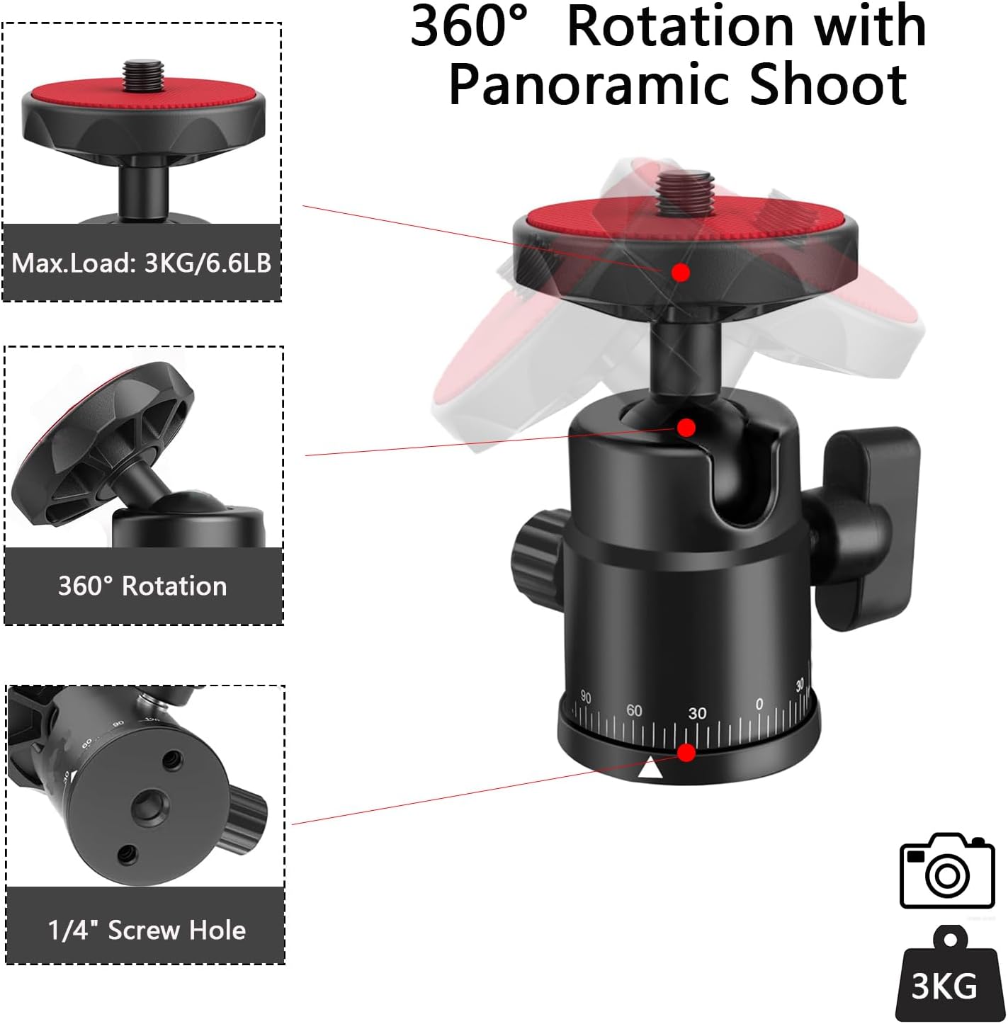 EszkozTA 1/4" 360 Universal Swivel Mini Ball Head Screw Tripod Mount with Hot Shoe Mount, Panoramic Rotating Mount Base