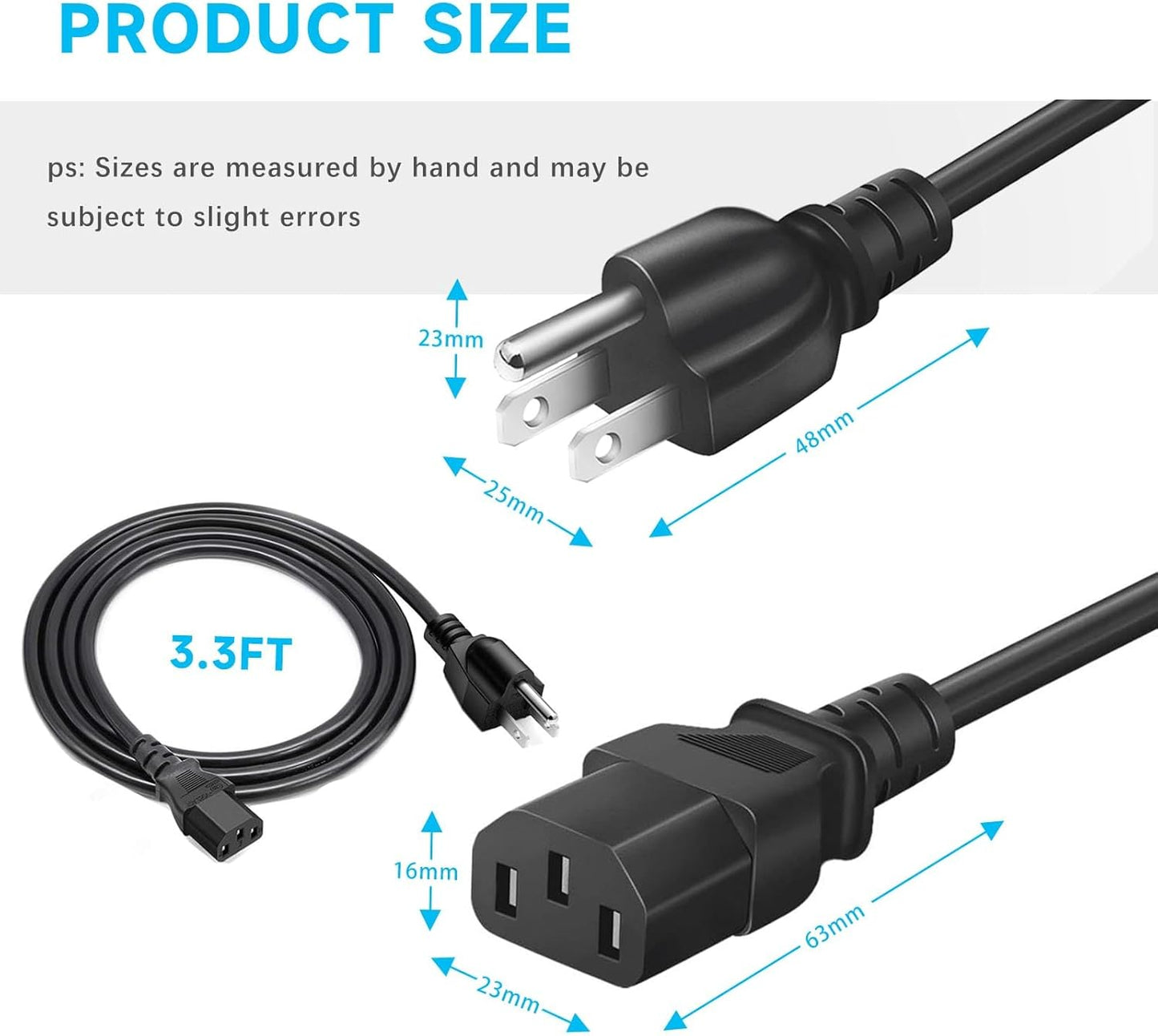 Cilhrok 3 5Ft Universal Prong AC Power Cord, Replacement PC Power Cable for Desktop Computer, Monitor, Printer