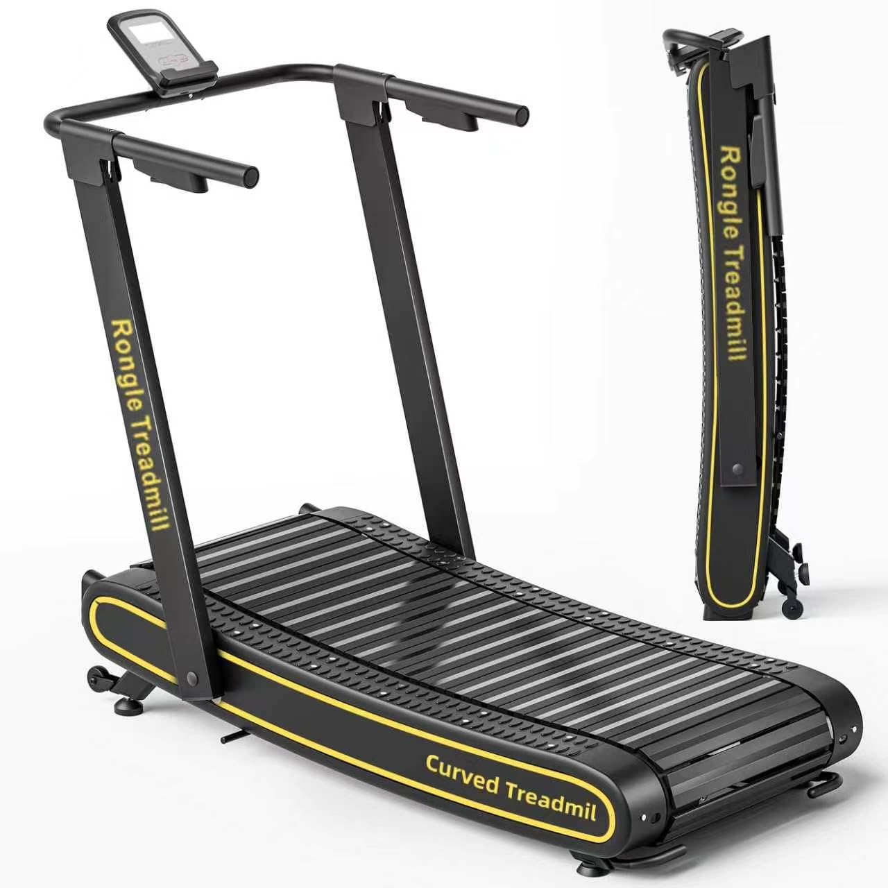 Rongle Curved Treadmill with Non-Electric Motorized, 2 in 1 Foldable Design Adaptive Variable Speed with LED Display, Motorless Self Propelled Treadmill for Home Office, No Assembly Required 350LBS