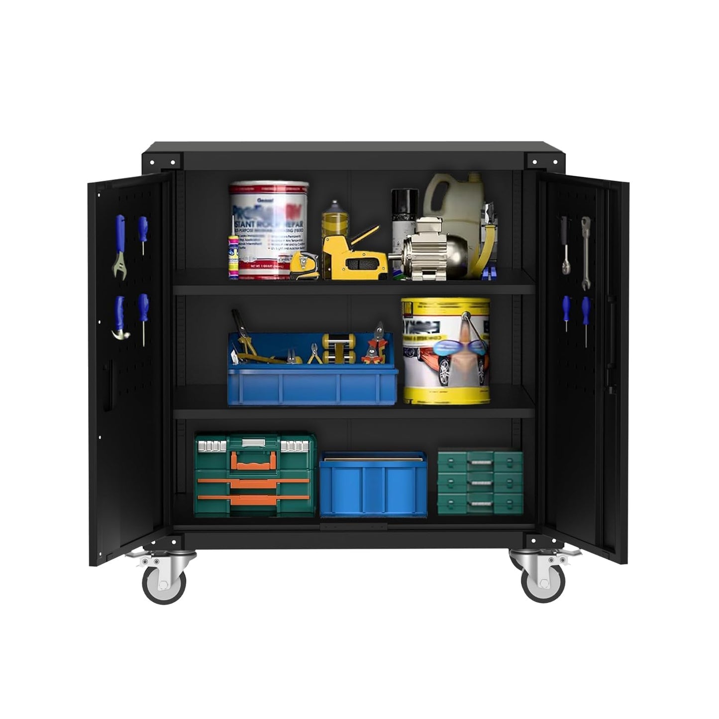 EliteEdge 31" Metal Storage Cabinet with Pegboard and Wheels, Lockable Rolling Tool Cabinet with Shelves, Heavy Duty Steel Utility Cabinet for Garage Workshop, Black