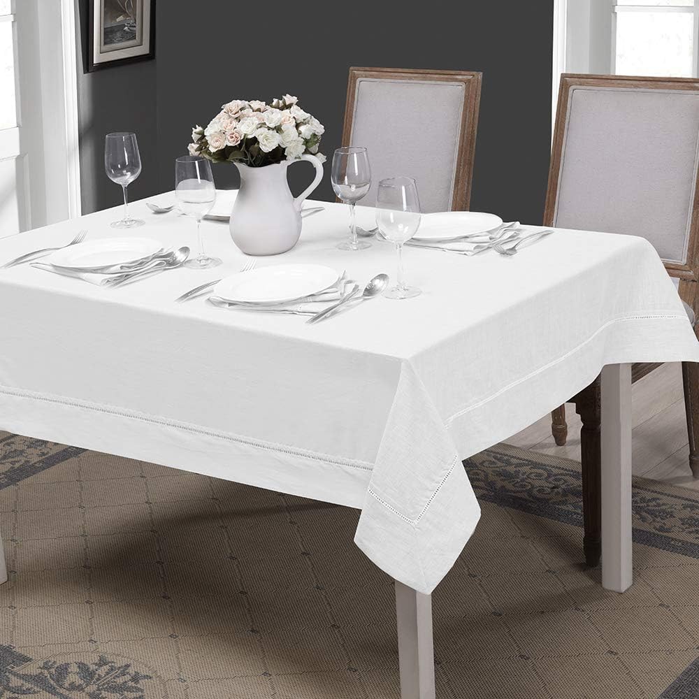 Simple&Opulence Premium 100% Linen Hemstitch Tablecloth-60 x 120 Inch White, Natural Fabric, Rectangular Tablecloth for Indoor and Outdoor Use