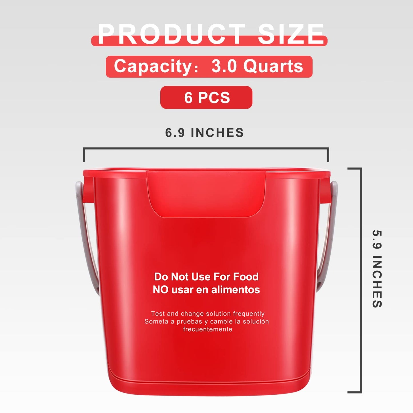 Roshtia 6 Pcs 3 Quart Cleaning Bucket Small Sanitizing Square Bucket Detergent Pail for Home Commercial Restaurant Kitchen Office School (Red)