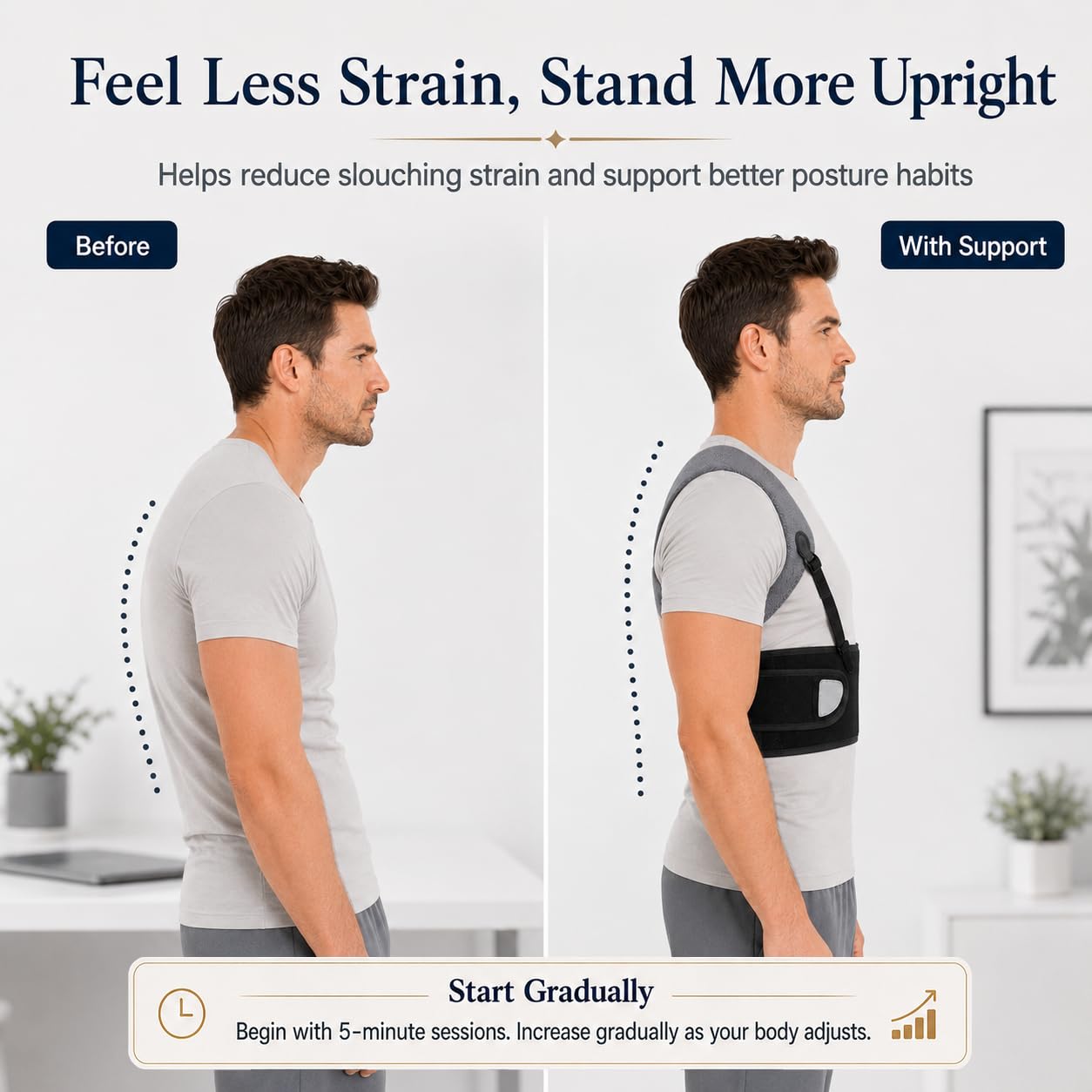 Posture Corrector for Men, Adjustable Upper Back Brace with Breathable Mesh Back, 4 Flexible Support Stays & Underarm Fit Adjustment, Back Straightener Helps Reduce Slouching Strain for Desk Work, Sitting, Reading & Posture Training