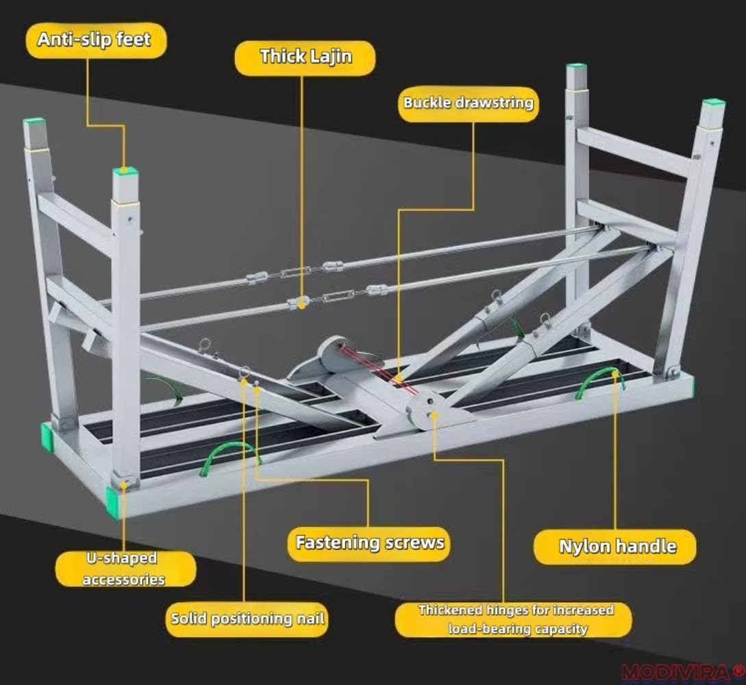 Modivira Folding Scaffolding with Adjustable Heights Heavy Duty Portable Steel Ladder with Non-Slip Feet for roof Cleaning Paint Home Improvement (A,62.99" * 11.81")