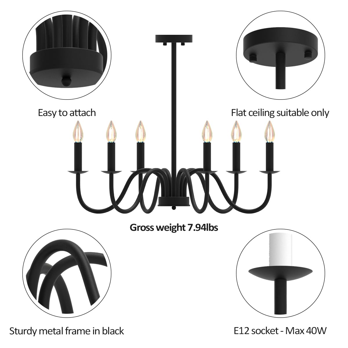 Isamacc 6-Light Chandelier, Wrought Iron Black Chandelier with Adjustable Height, Industrial Hanging Light Fixture for Dining Room, Living Room, Foyer, Bedroom