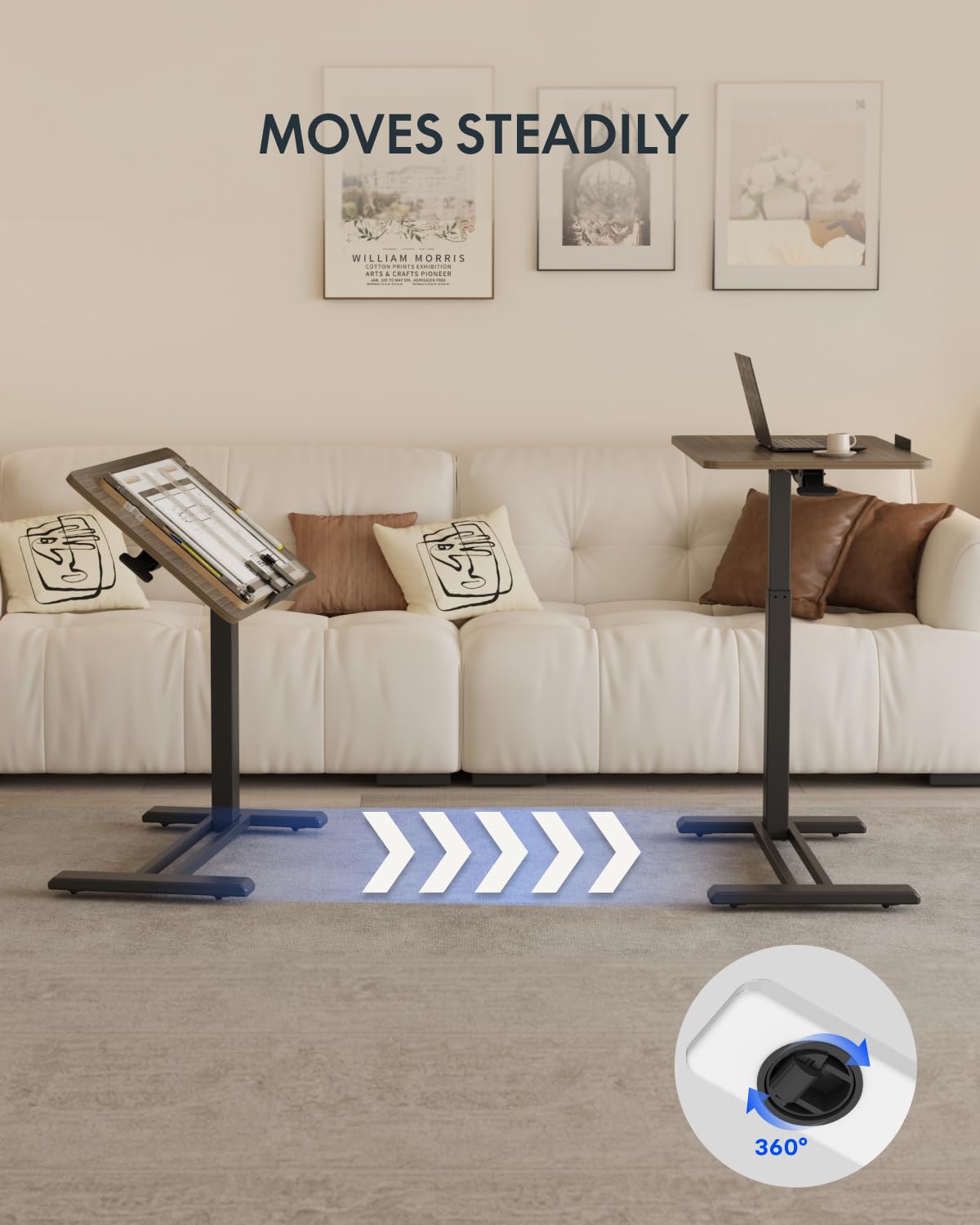 FLEXISPOT H7 PRO Mobile Standing Desk Adjustable Overbed Table Pneumatic with Wheels 55°Tiltable Portable Laptop Desk Rolling Computer Cart Foldable Bedside Table(27.6" W x 15.7" D, Rustic Brown)