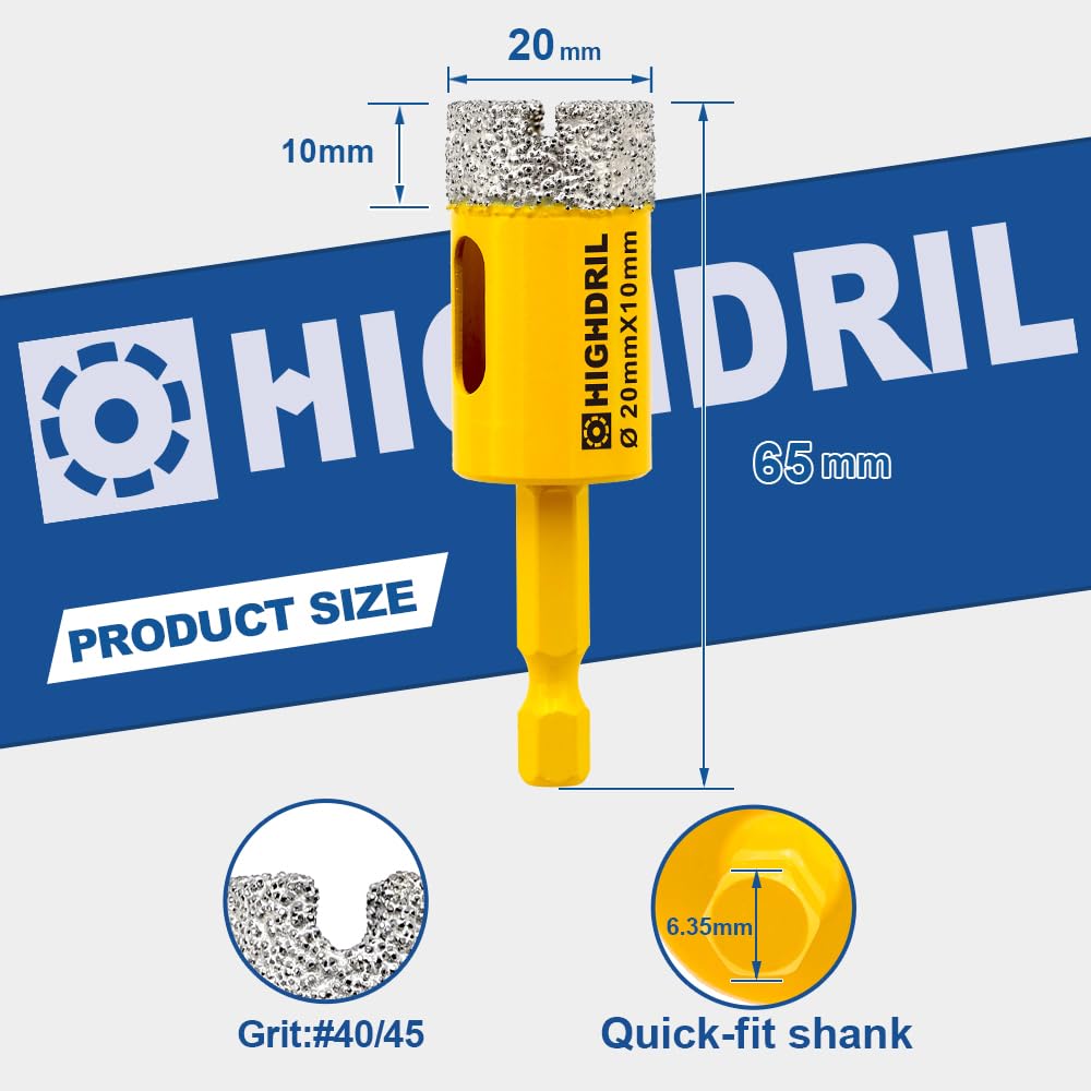 HIGHDRIL Diamond Drill Bits Kit with 5/8-11 for Porcelain Tile Ceramic Marble Brick Concrete Vacuum Brazed Hole Saw(6/8/10/20/35/50/65/100mm+50mm Chamfer Bit+20mm Finger Bit+Adapter)