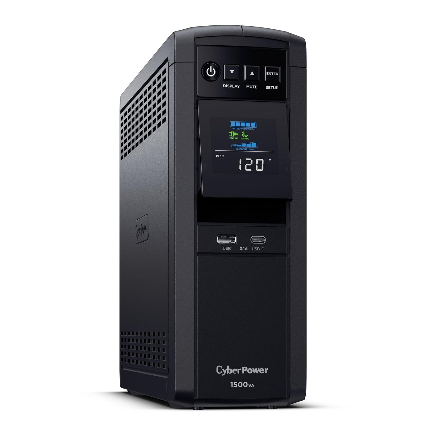 CyberPower CP1500PFCLCDTAA PFC Sinewave UPS System, 1500VA/1000W, 12 Outlets, AVR, Mini Tower, TAA Certified, Black