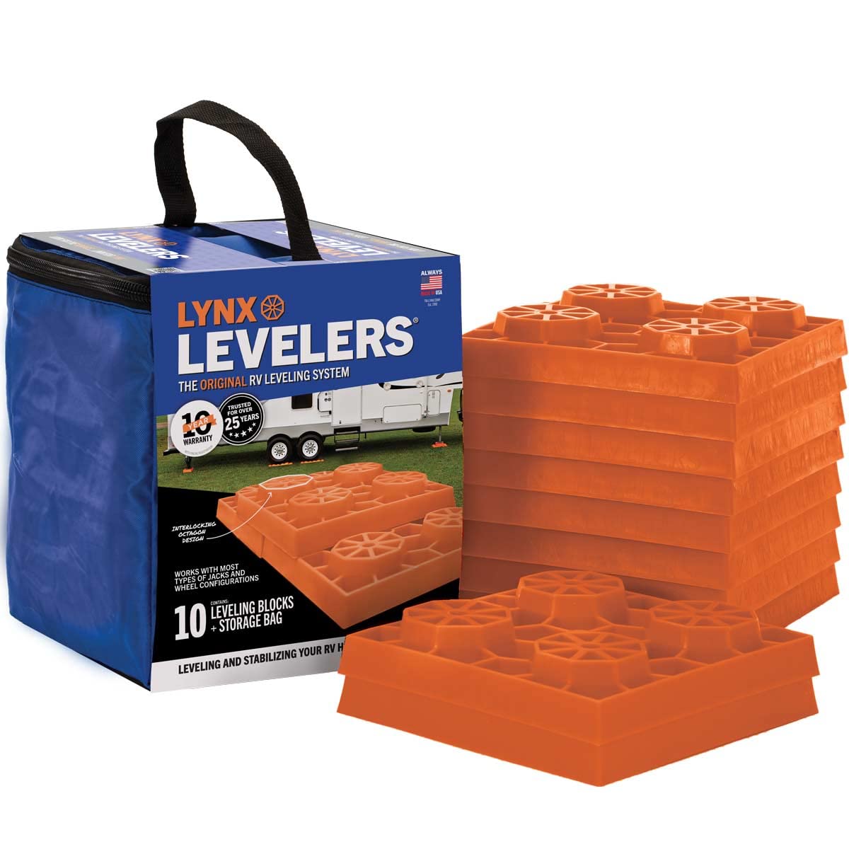 Tri-Lynx Lynx Levelers RV/Trailer/Motorhome/Vanlife interlocking Leveling Blocks with Nylon Storage Bag for most Leveling and Stabilizing functions. 10 Pack, Orange, 00015, Made in USA.