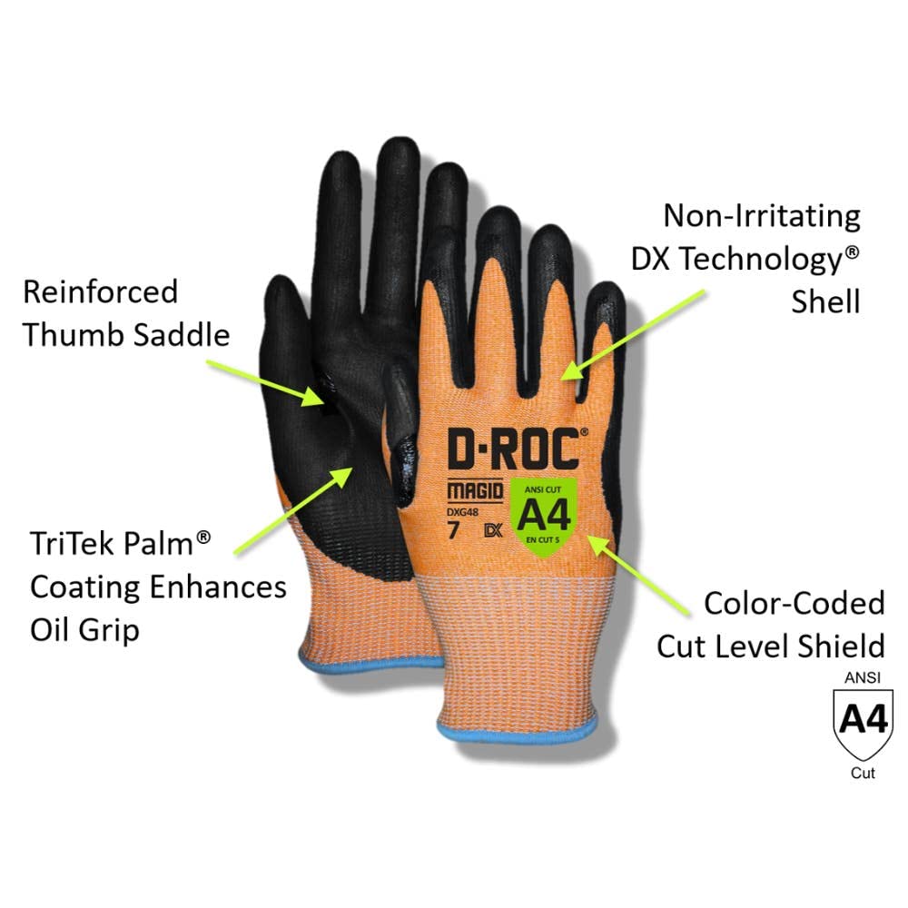 MAGID D-ROC ANSI A4 Oil & Liquid Absorbing TriTek Work Gloves, 12 Pairs, Size 8/Medium (DXG48)