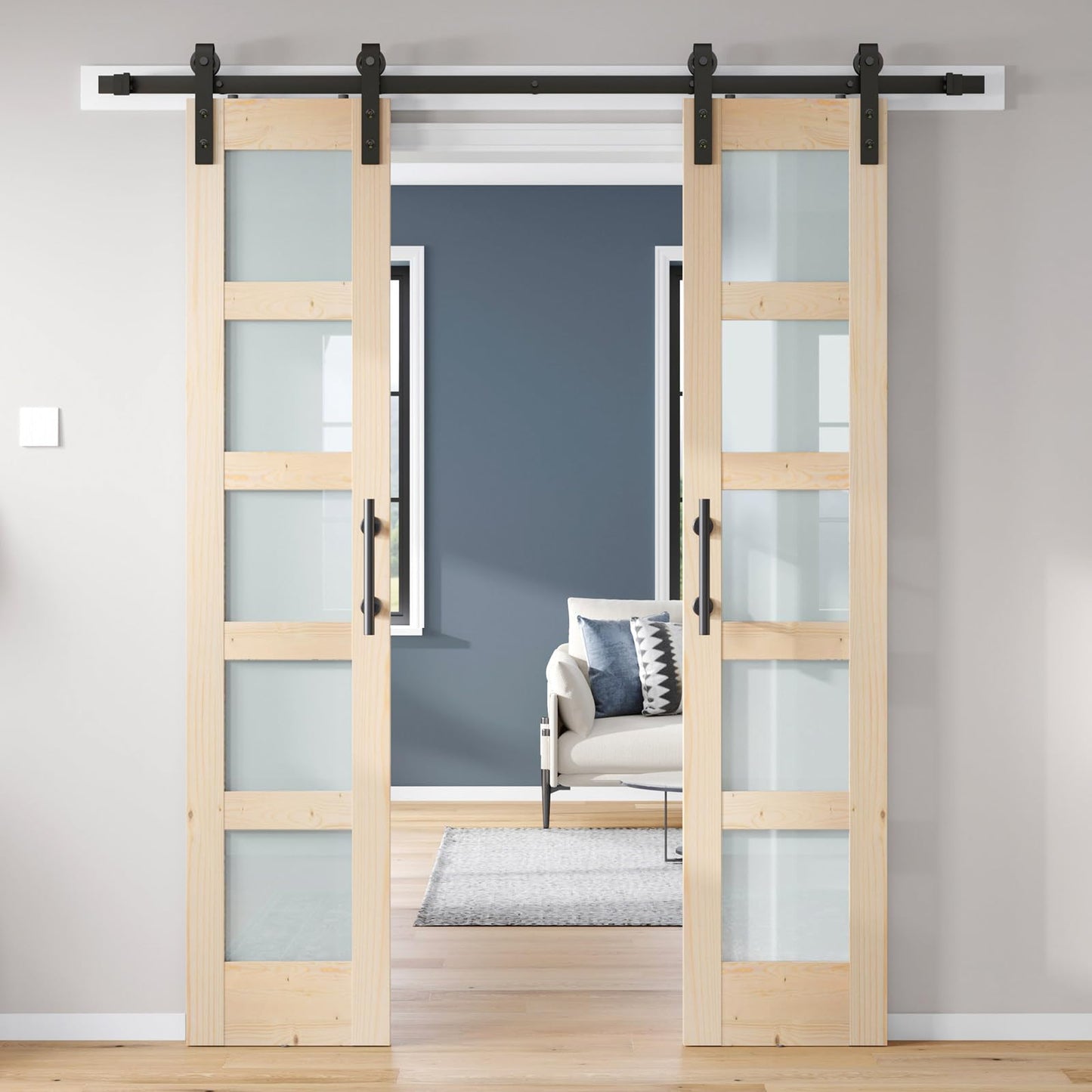 ROYMELO Double 18×84 inch Glass Sliding Barn Door Slab with 6.6ft Hardware Kit Included, 5-Panel Frosted Glass, Spruce Wood Support DIY Dyeing, Easy Assembly