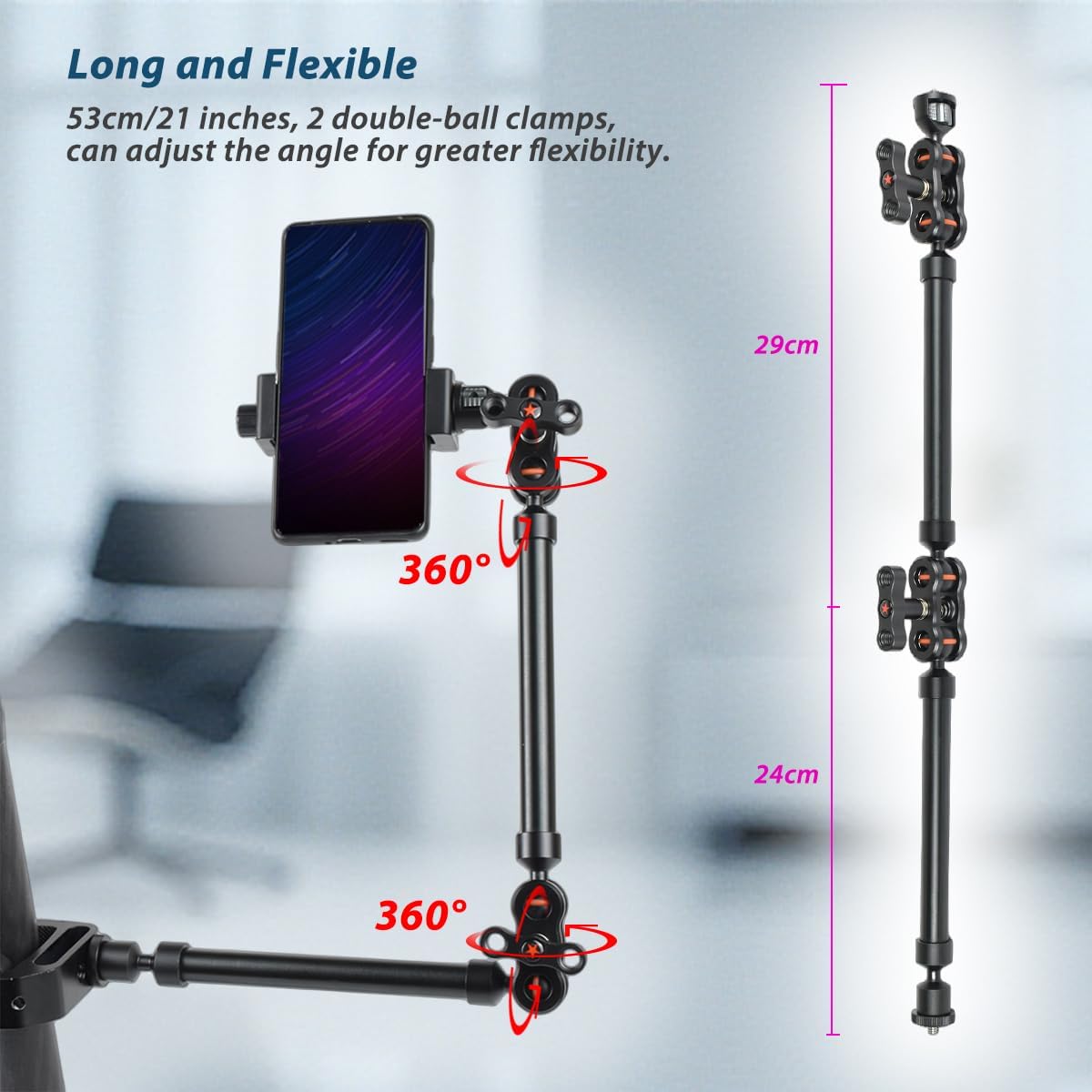 Akeipho 21"/53cm Adjustable Magic Arm with Super Clamp, Overhead Phone Mount, Heavy Duty Desk Camera Mount