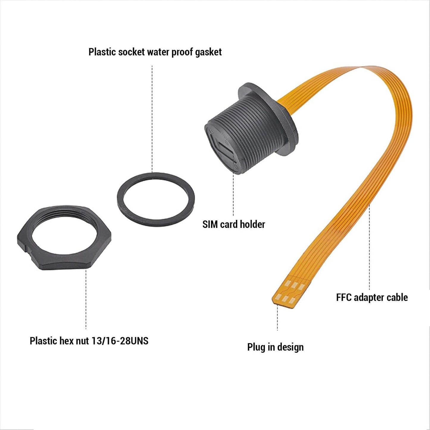 20cm PA66 IP68 SIM Card Extension Cable - Panel Mount SIM Card Slot Female to Male, Flexible Brass Extender, Waterproof