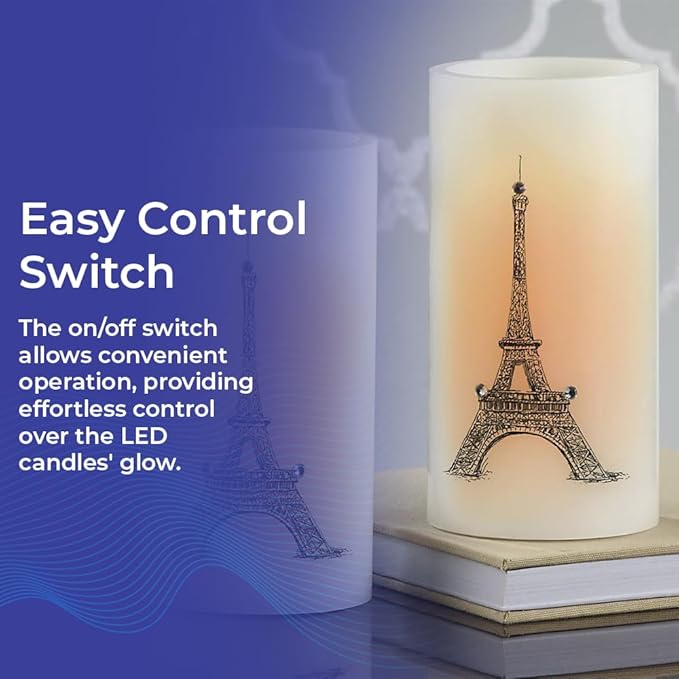SAGEFINDS Eiffel Tower LED Candles, Set of 2, Flameless Real Wax Pillar Candles, Battery Operated, 6” x 3”