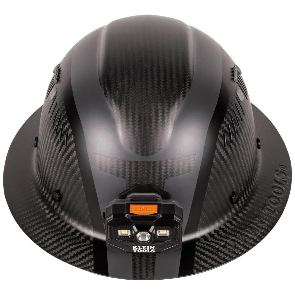 Klein Tools 60514 Hard Hat, K12 Series Carbon Fiber Full Brim, Rechargeable Headlamp, Vented, Class C, Type 1, Spartan
