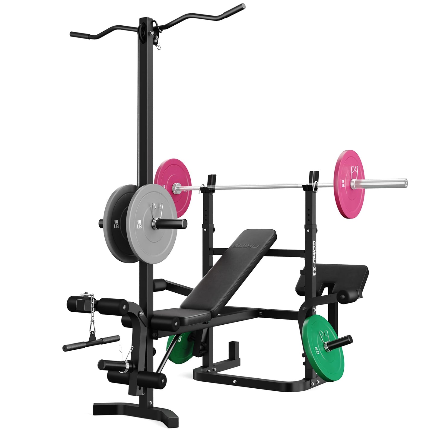 Goimu Z3 900LBS Olympic Weight Bench Set with Leg Extension, 9 in 1 Workout Press with Preacher Curl Pad and LAT Pulldown, Strength Training Bench for Home Gym (100lbs Colorful Plates and Bench)
