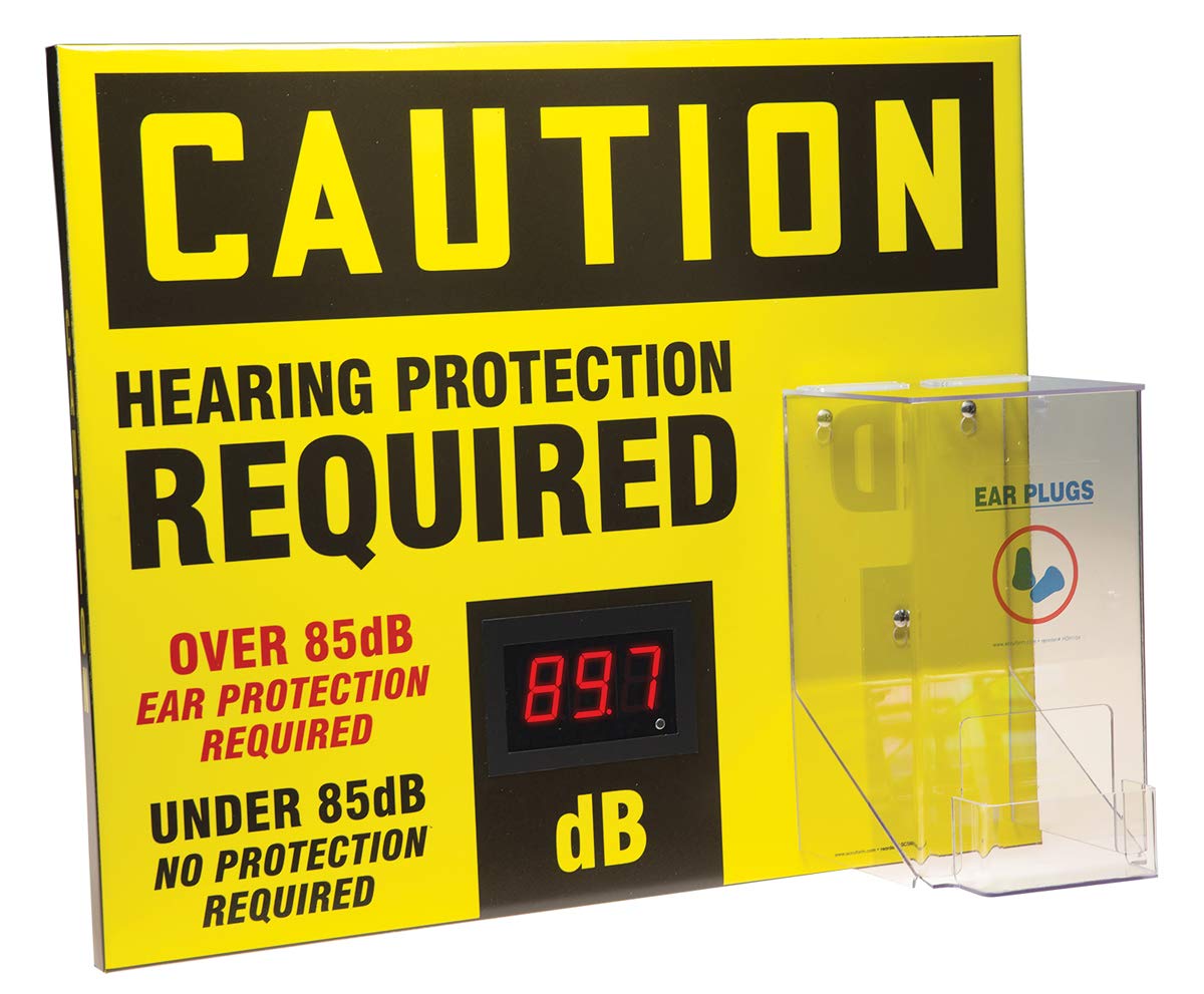 AccuformNMC 20" x 24" Sound Decibel Meter Sign with Earplug Dispenser, OSHA Caution Header "Hearing Protection Required" Sign, Wall Mount, Digital Aluminum DB Meter, Made in the USA, SCS607