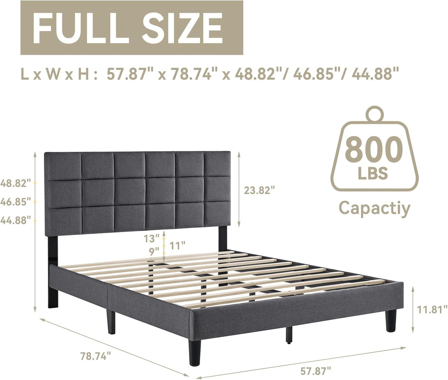 Susalt Full Size Platform Bed Frame - Upholstered Headboard, Linen Fabric, No Box Spring Needed, 800LBS Capacity, Grey