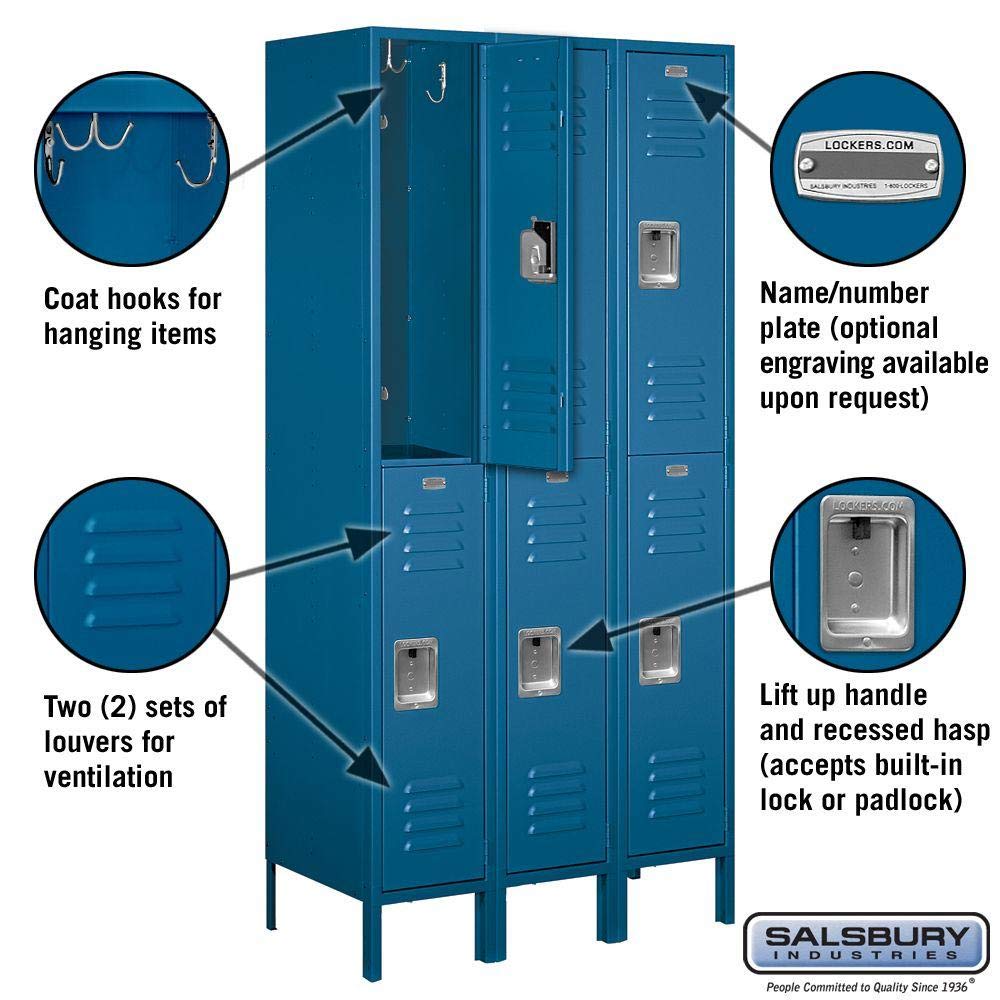 Salsbury Industries 62368BL-U Unassembled Standard Metal Locker with Double Tier, Blue