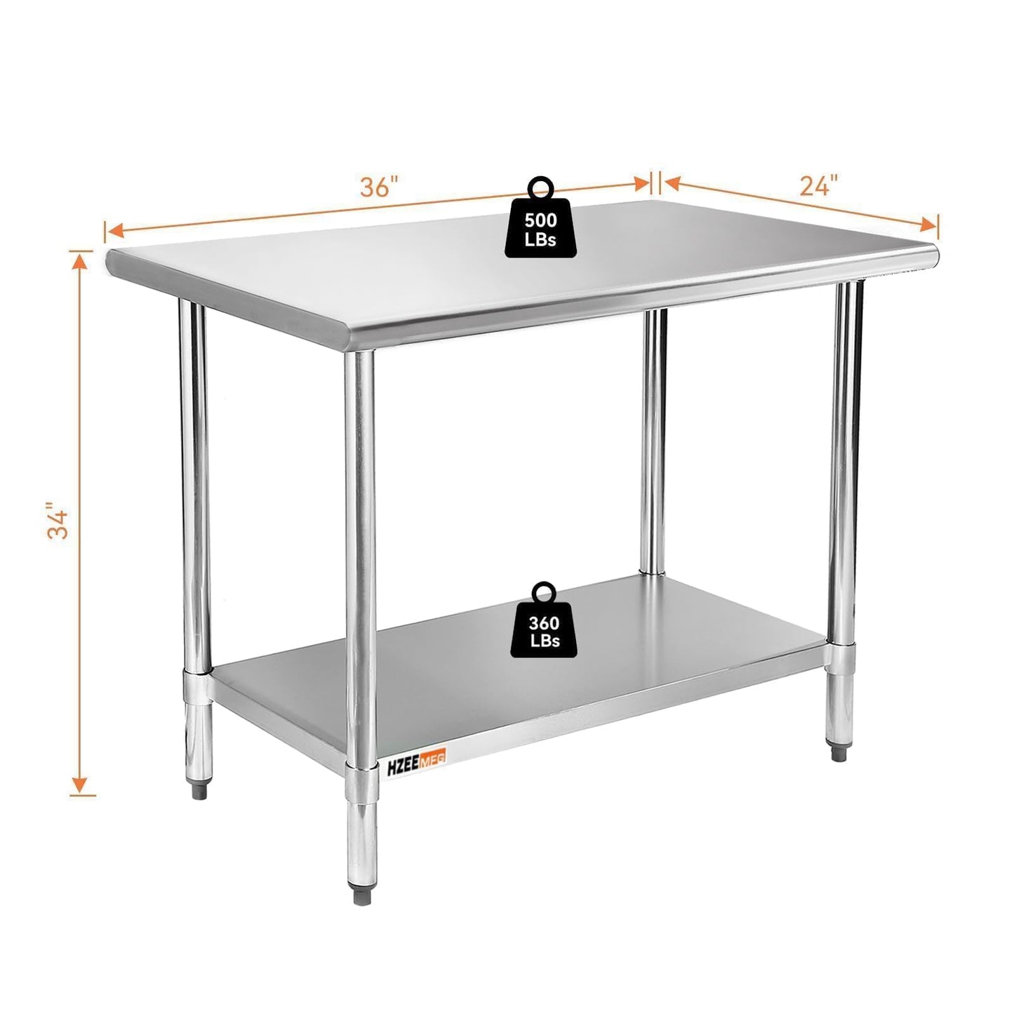 HZEEMFG Stainless Steel Table for Prep & Work 24x36 inches,4ft, Commercial Heavy Duty Table with Undershelf for Restaurant, Home,Hotel Kitchen, Laundry Room, Garage,Workshops