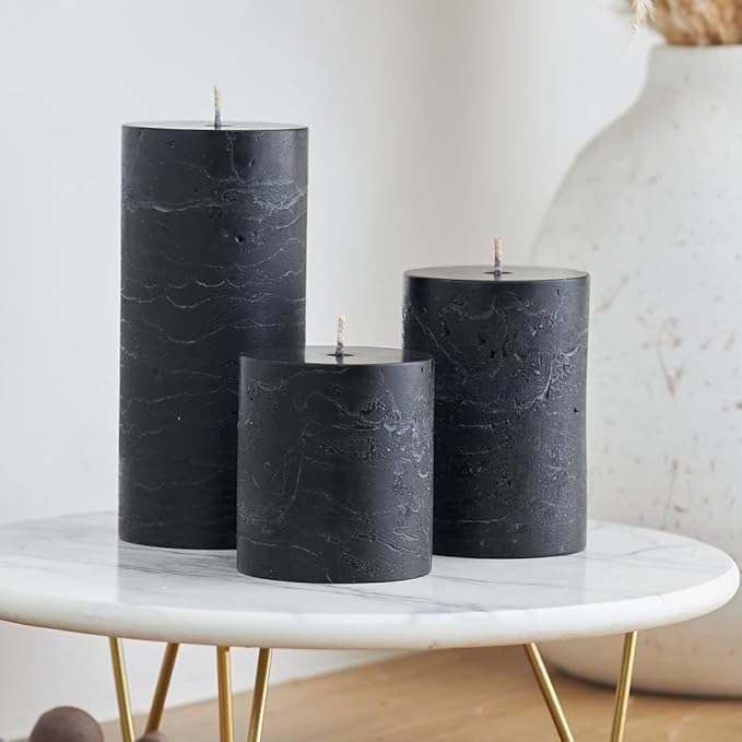 Simply Soson 3x4 inch Black Pillar Candles Set of 3, Rustic Texture, Unscented Black Candles, Dripless Candles, 3 inch Pillar Candles Ideal as Wedding, Parties, Spas, Dinner, Home Decoration, Church